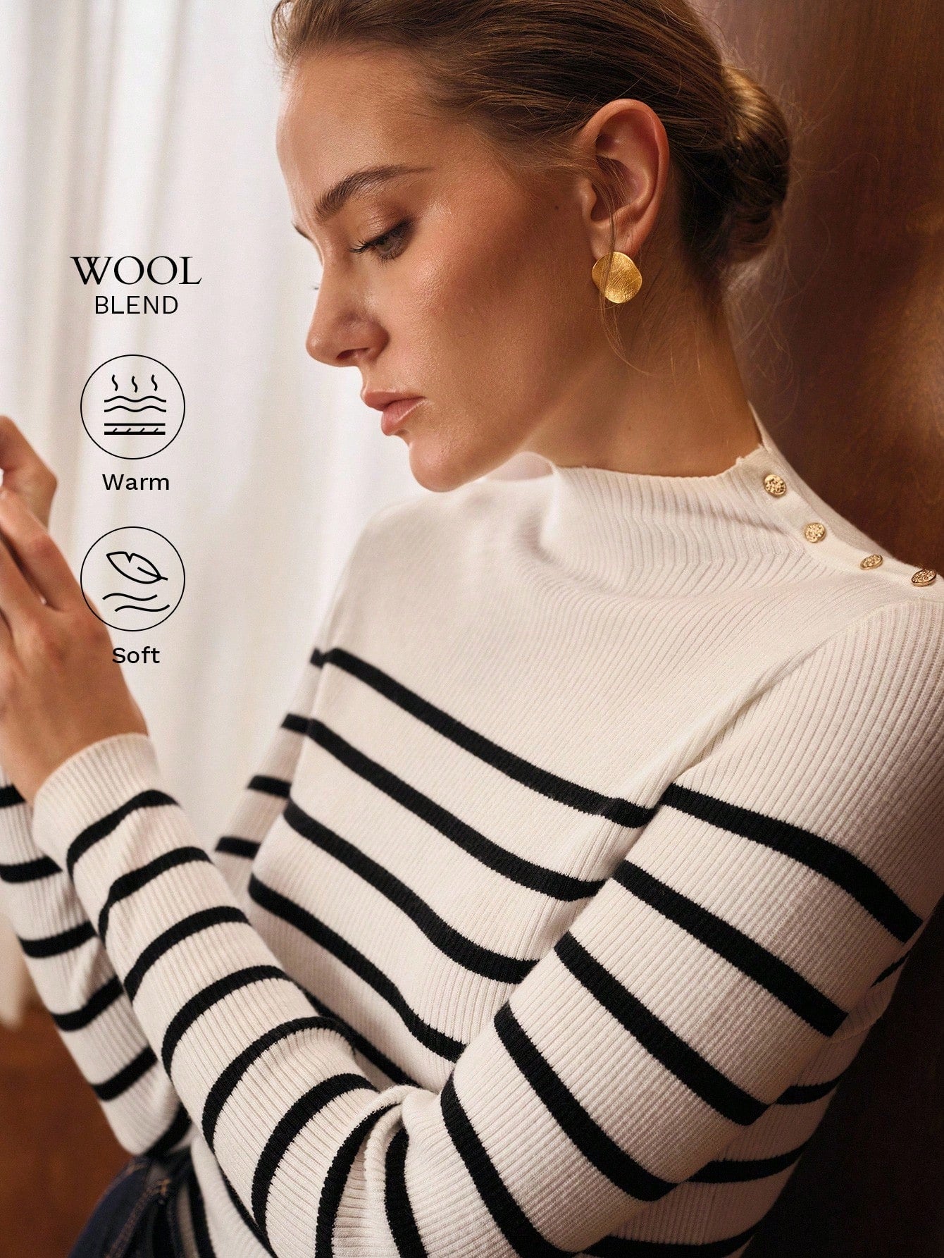 CM-CS286731 Women Elegant Seoul Style Striped Stand Collar Long Sleeve Knit Pullover Sweater