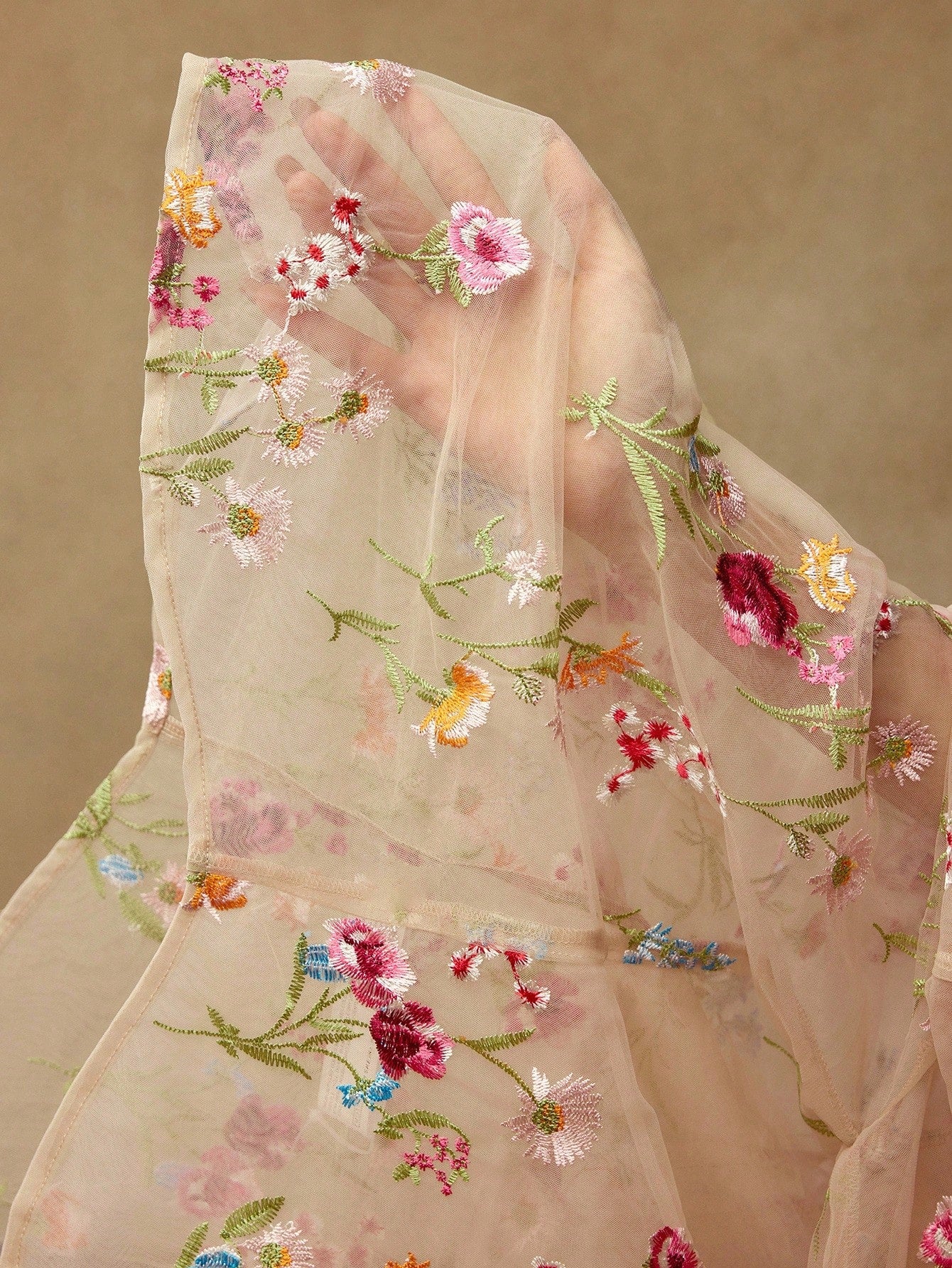 CM-TS744494 Women Elegant Seoul Style Collar Neckline Long Sleeve Embroidery Mesh Floral Pattern Sheer Blouse - Apricot