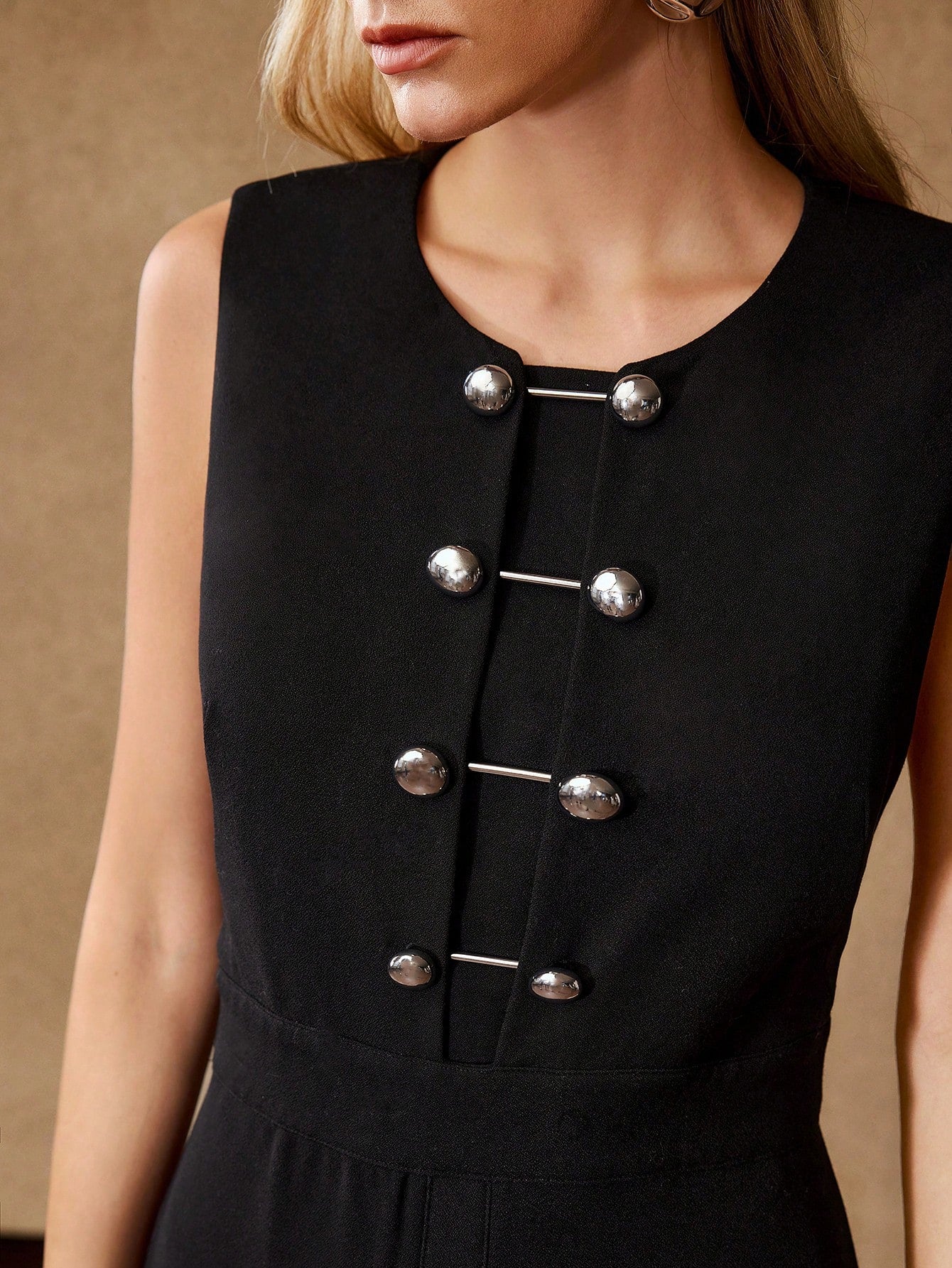 CM-DS461866 Women Elegant Seoul Style Round Neck Sleeveless Metal Button Decorated Midi Dress - Black