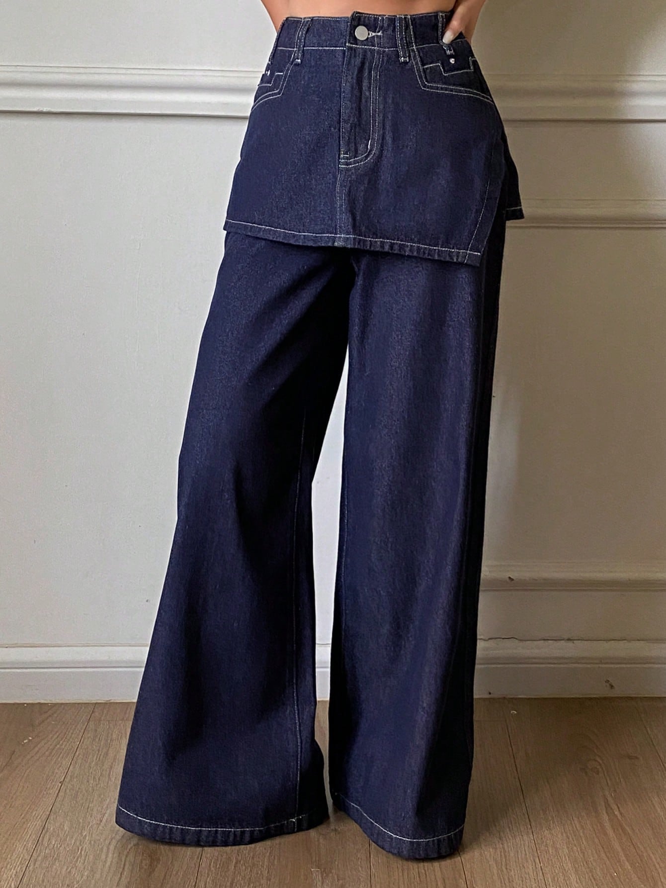 CM-BS648150 Women Casual Seoul Style Mid Waist Loose Wide Leg Pants With Skirt - Blue