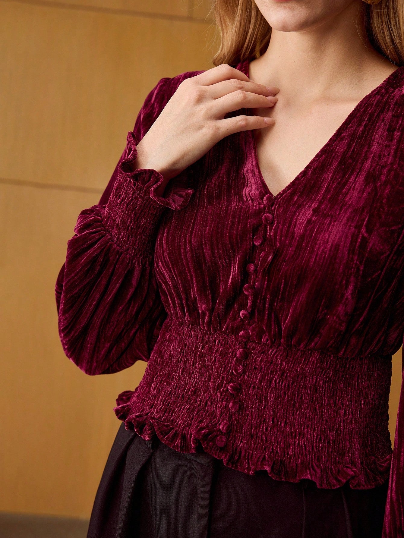 CM-TS889921 Women Elegant Seoul Style Velvet V-Neck Lantern Sleeve Textured Shirred Wide Hem Blouse - Burgundy