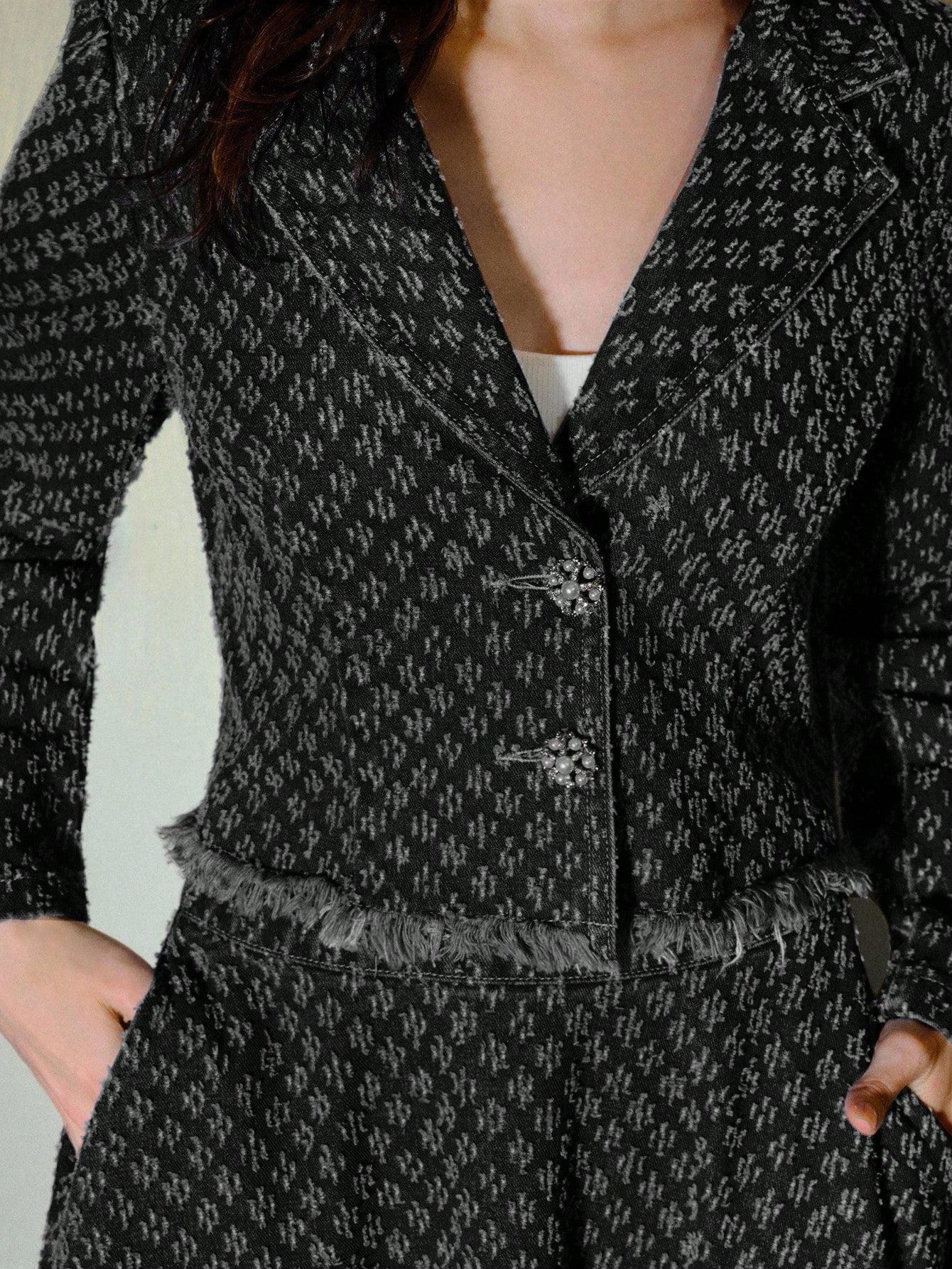 CM-SS396635 Women Elegant Seoul Style Lapel Collar Raw Edge Jacquard Denim Jacket With Maxi Skirt - Set