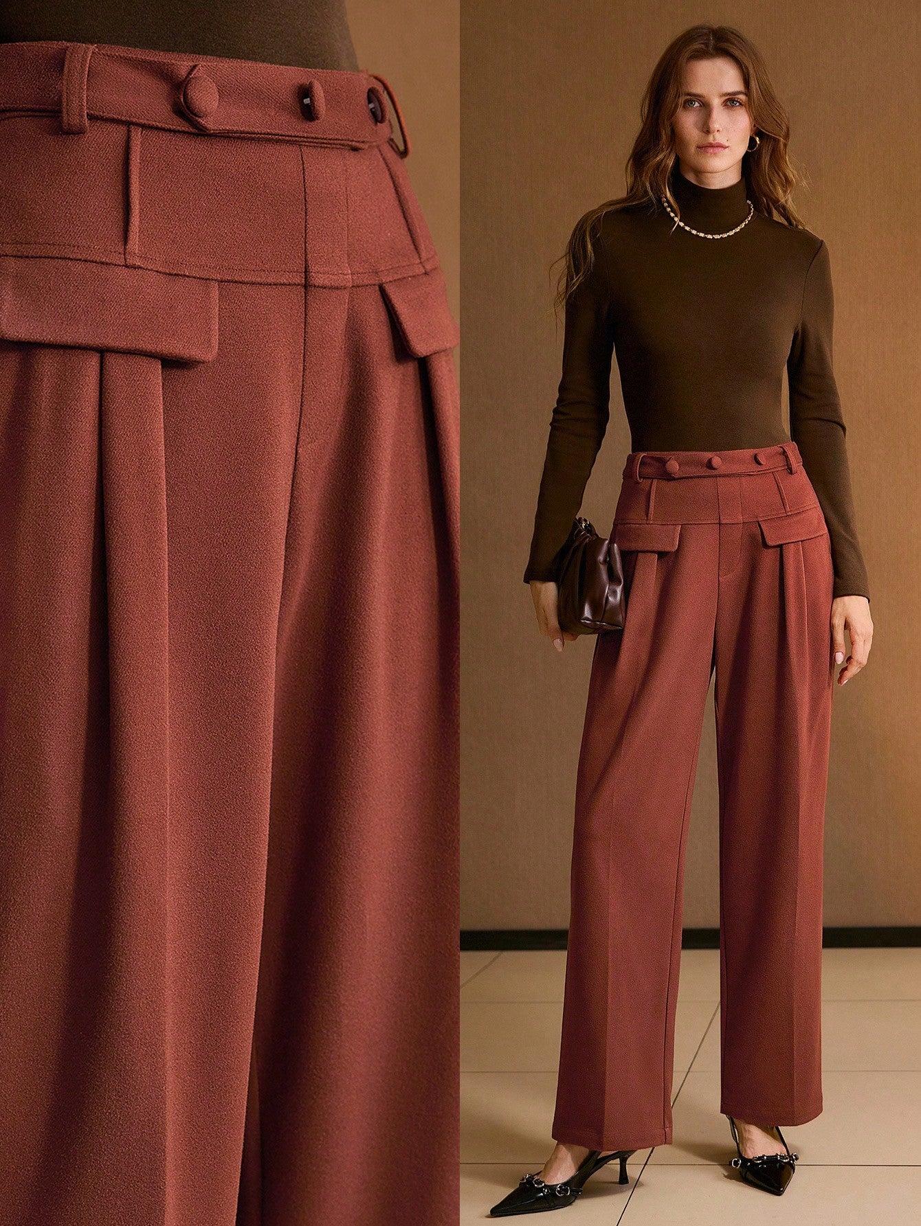 CM-BS529023 Women Elegant Seoul Style Mid Waist Button Front Straight Leg Trousers - Clay Red