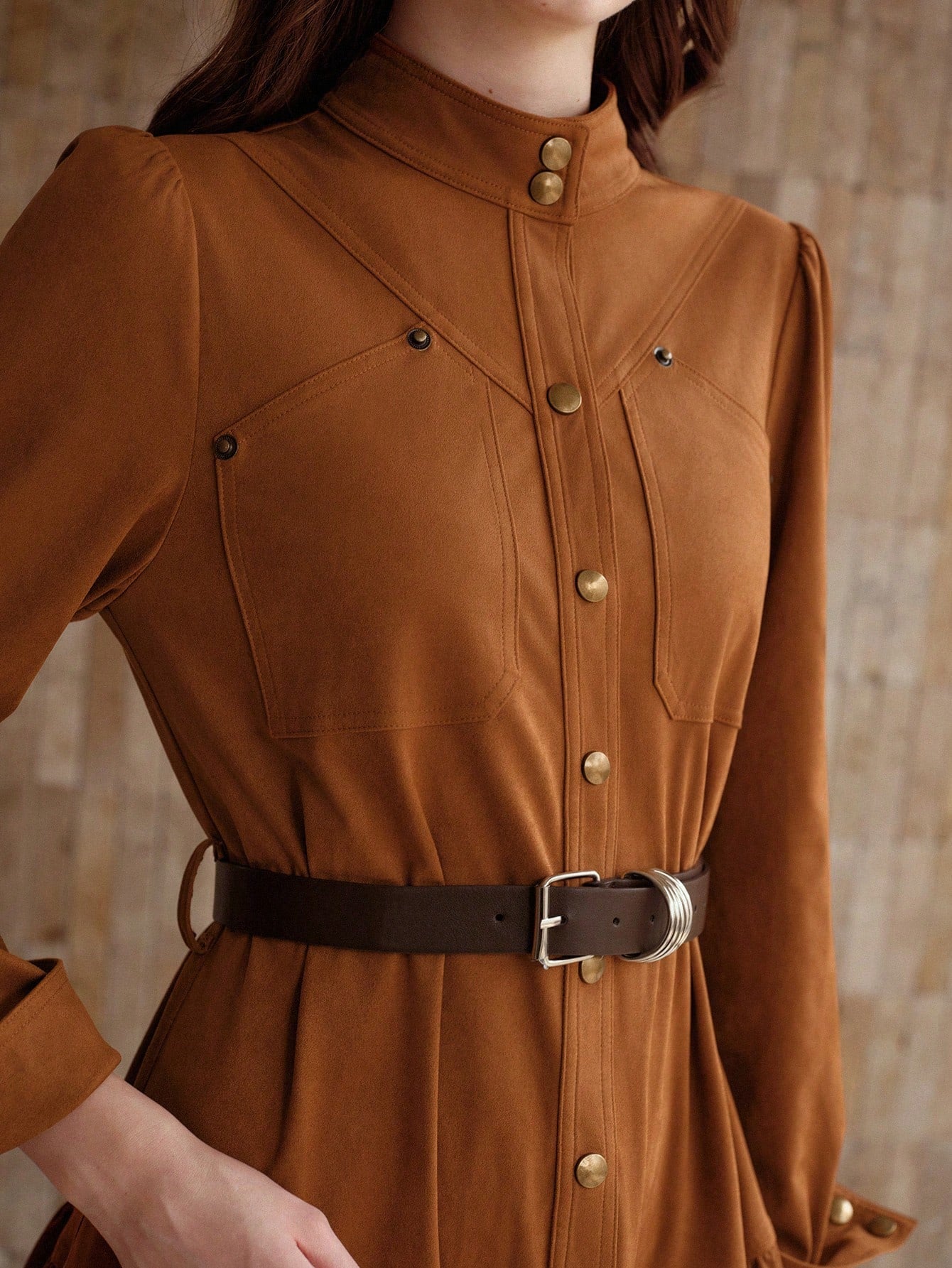 CM-DS121113 Women Elegant Seoul Style Stand Collar Long Sleeve Suedette Button Front Ruffle Hem Belted Dress
