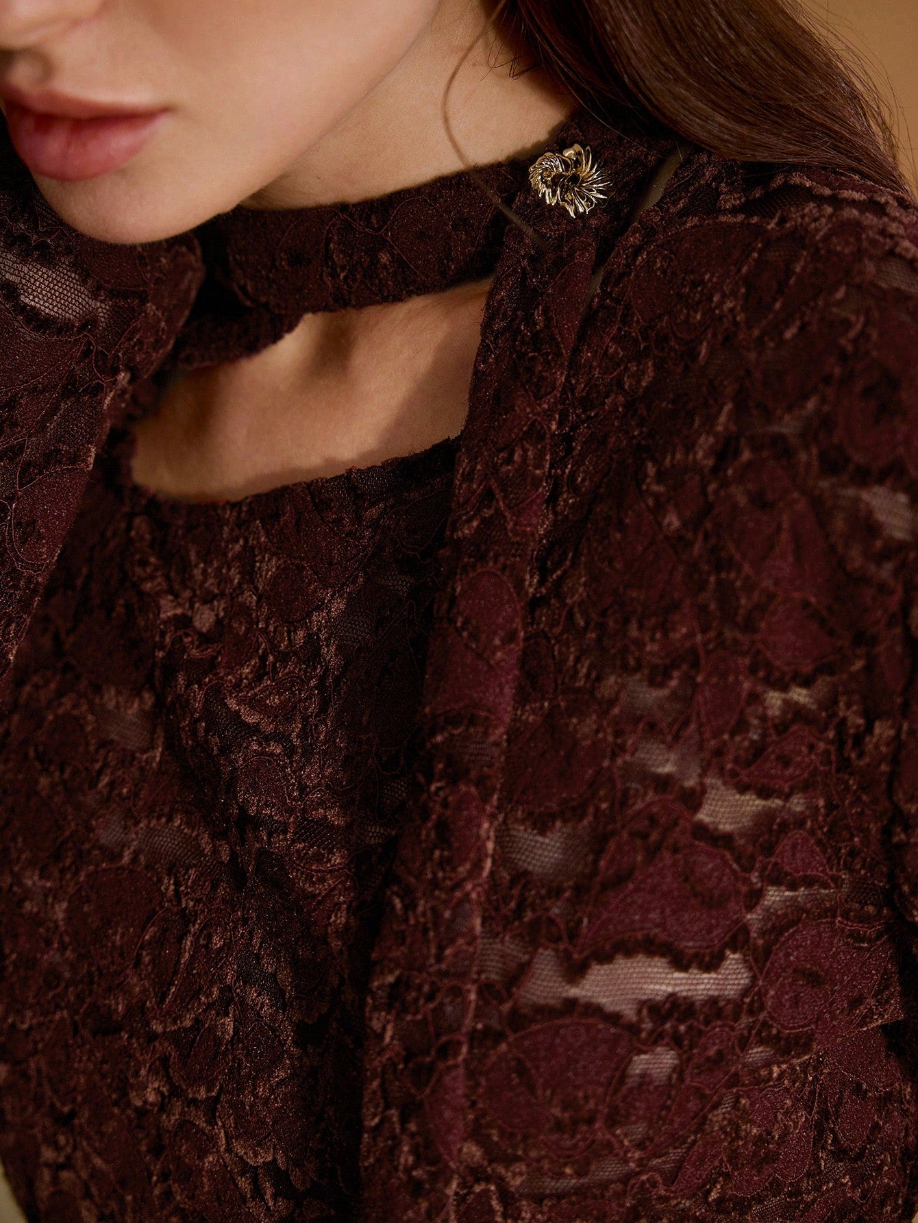 CM-TS201158 Women Elegant Seoul Style Stand Collar Long Sleeve Hollow Asymmetric Hem Velvet Lace Top - Burgundy