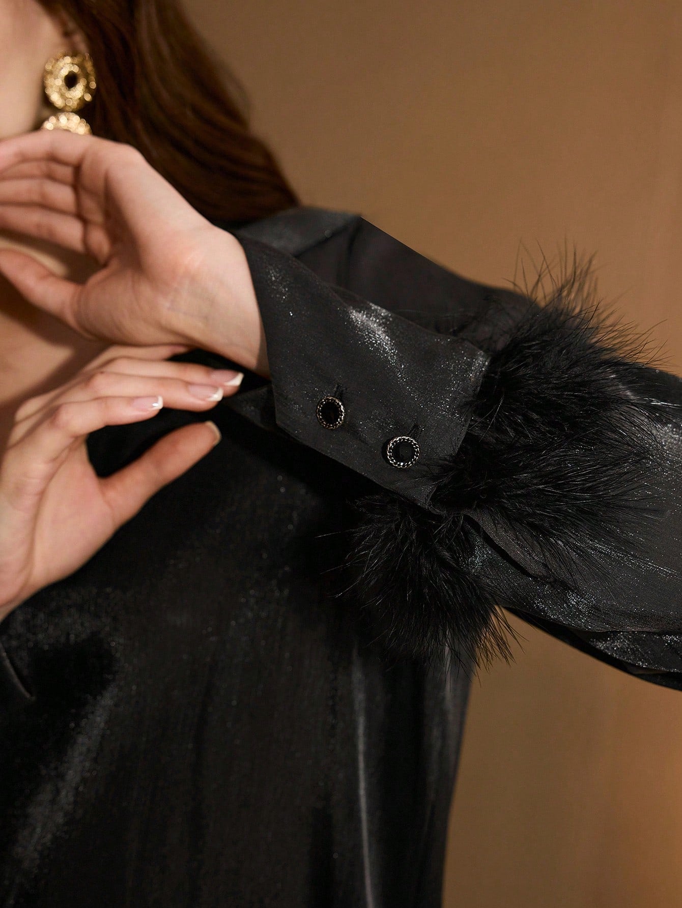 CM-TS436335 Women Elegant Elegant Seoul Style V-Collar Loose Fit Feather Decor Asymmetric Cuff Glossy Satin Blouse