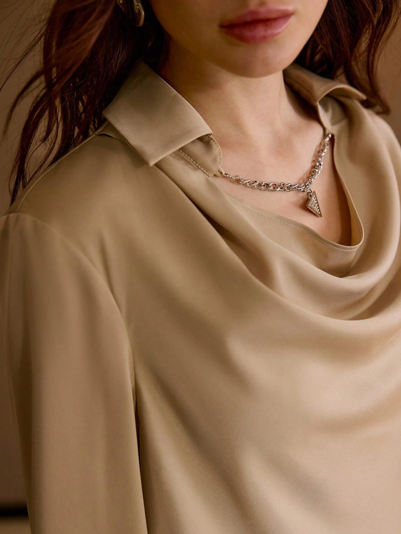 CM-TS464691 Women Elegant Seoul Style Collar Neckline Long Sleeve Chain Decor Shirt - Khaki