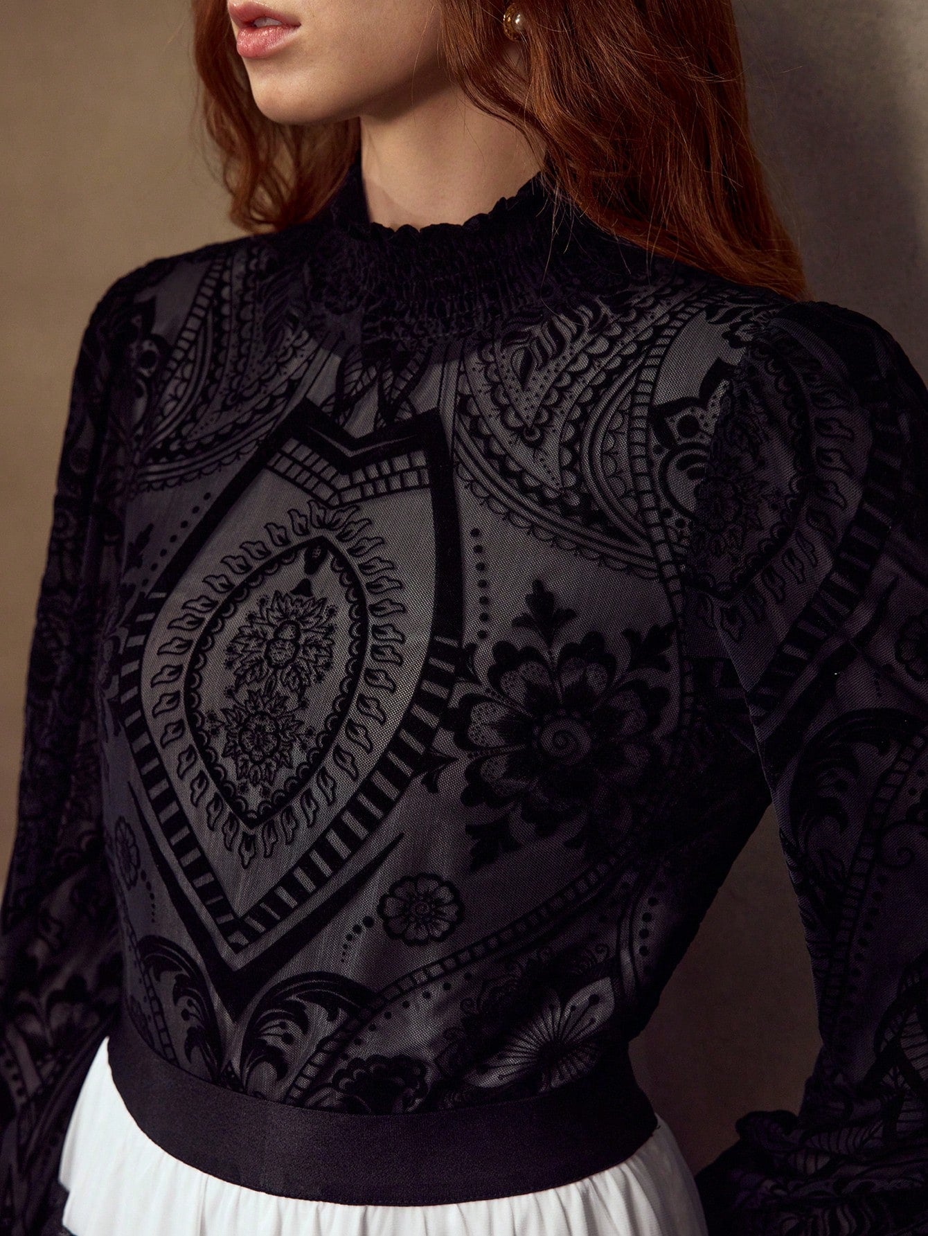 CM-TS881414 Women Elegant Seoul Style Stand Collar Long Sleeve Floral Pattern Velvet Jacquard Hollow Out Top - Black