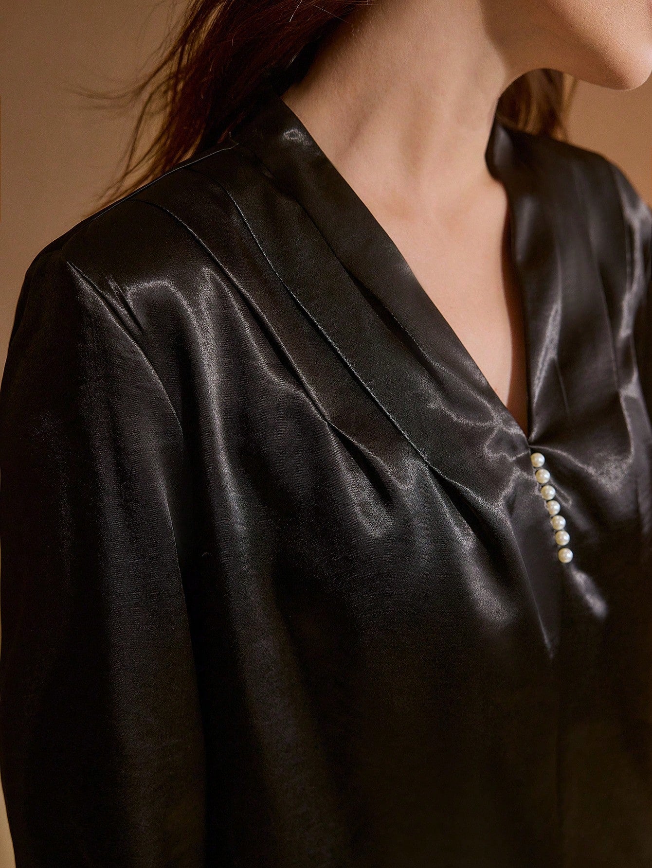 CM-TS562761 Women Elegant Seoul Style Solid V-Neck Faux Pearls Decor Long Sleeve Fold Pleated Blouse - Black