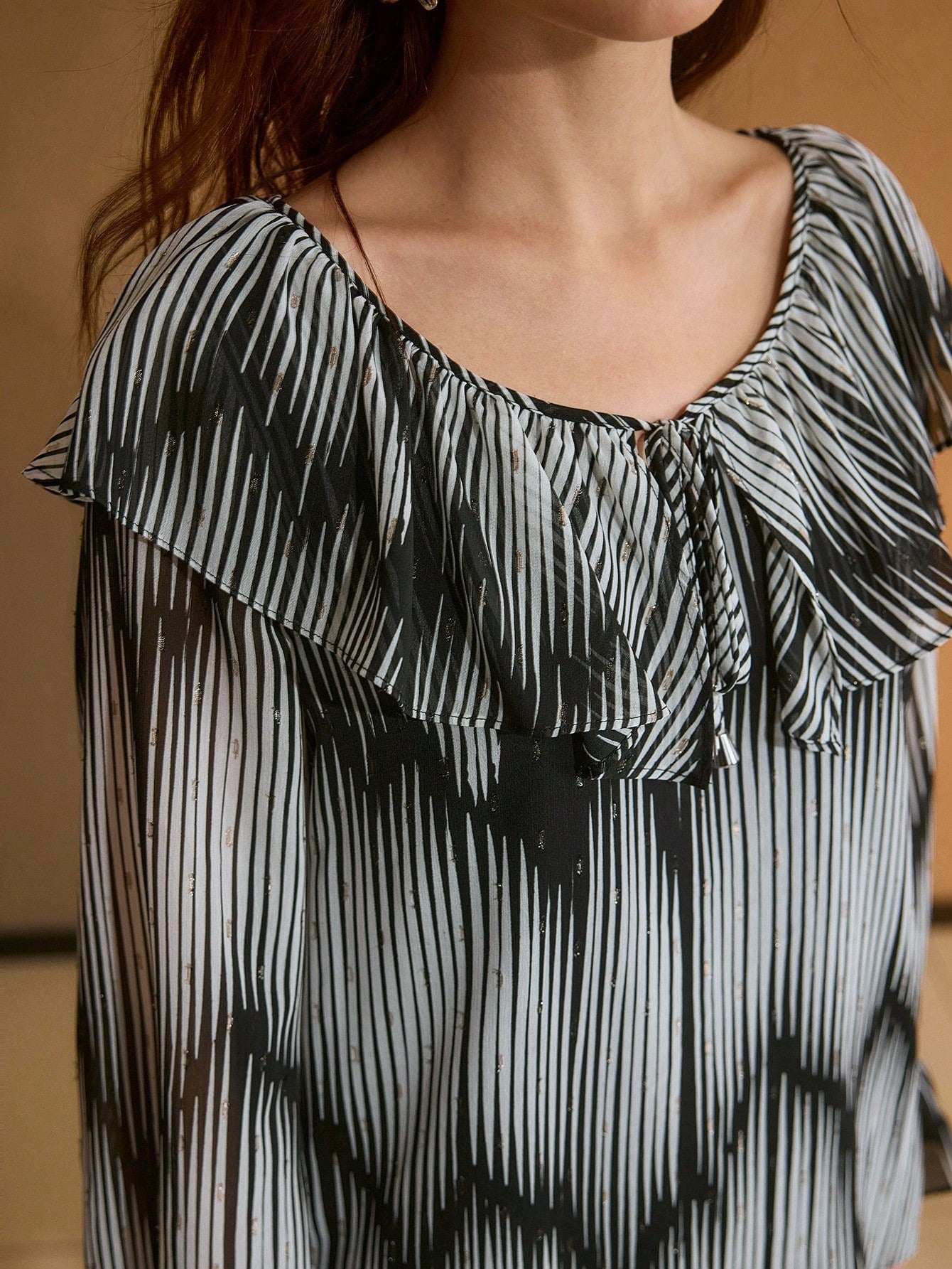 CM-TS253134 Women Elegant Seoul Style V-Neck Tie Front Flare Sleeve Two Tone Striped Print Ruffle Trim Blouse