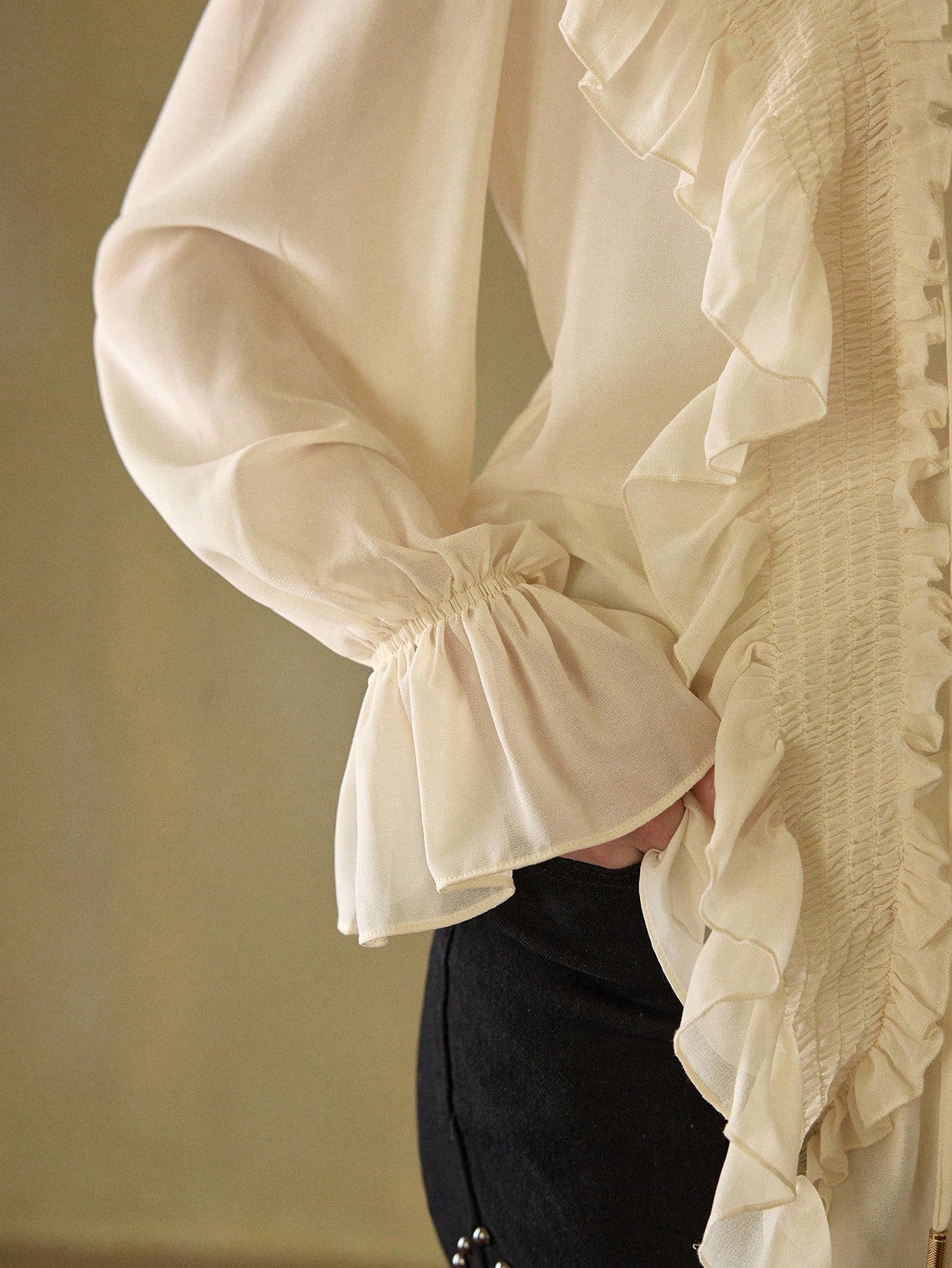 CM-TS921296 Women Elegant Seoul Style Chiffon Ruffle Tie Front Loose Fit Long Sleeve Blouse - Beige