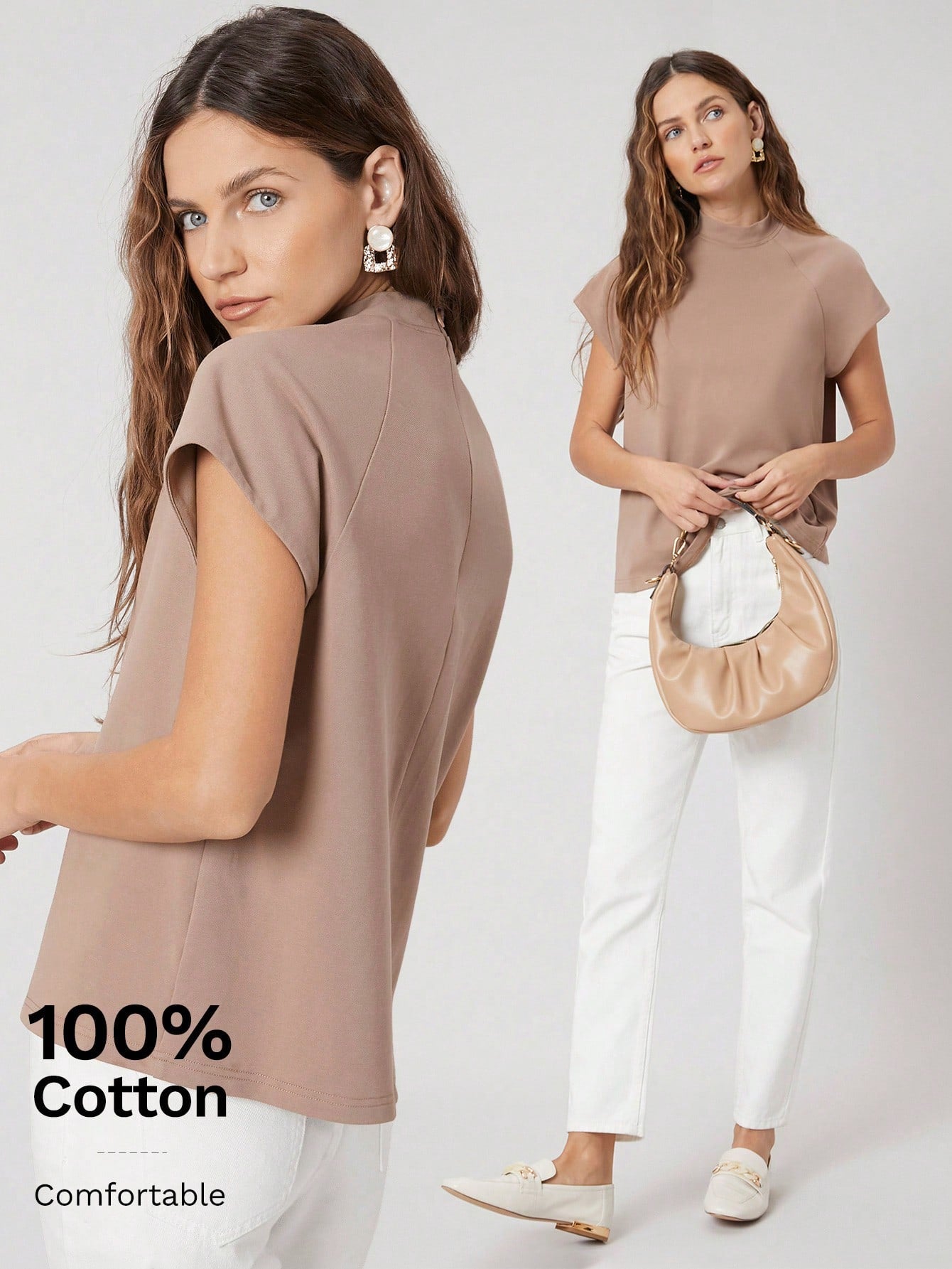 CM-TS420916 Women Casual Seoul Style Stand Collar Raglan Sleeve T-Shirt - Khaki