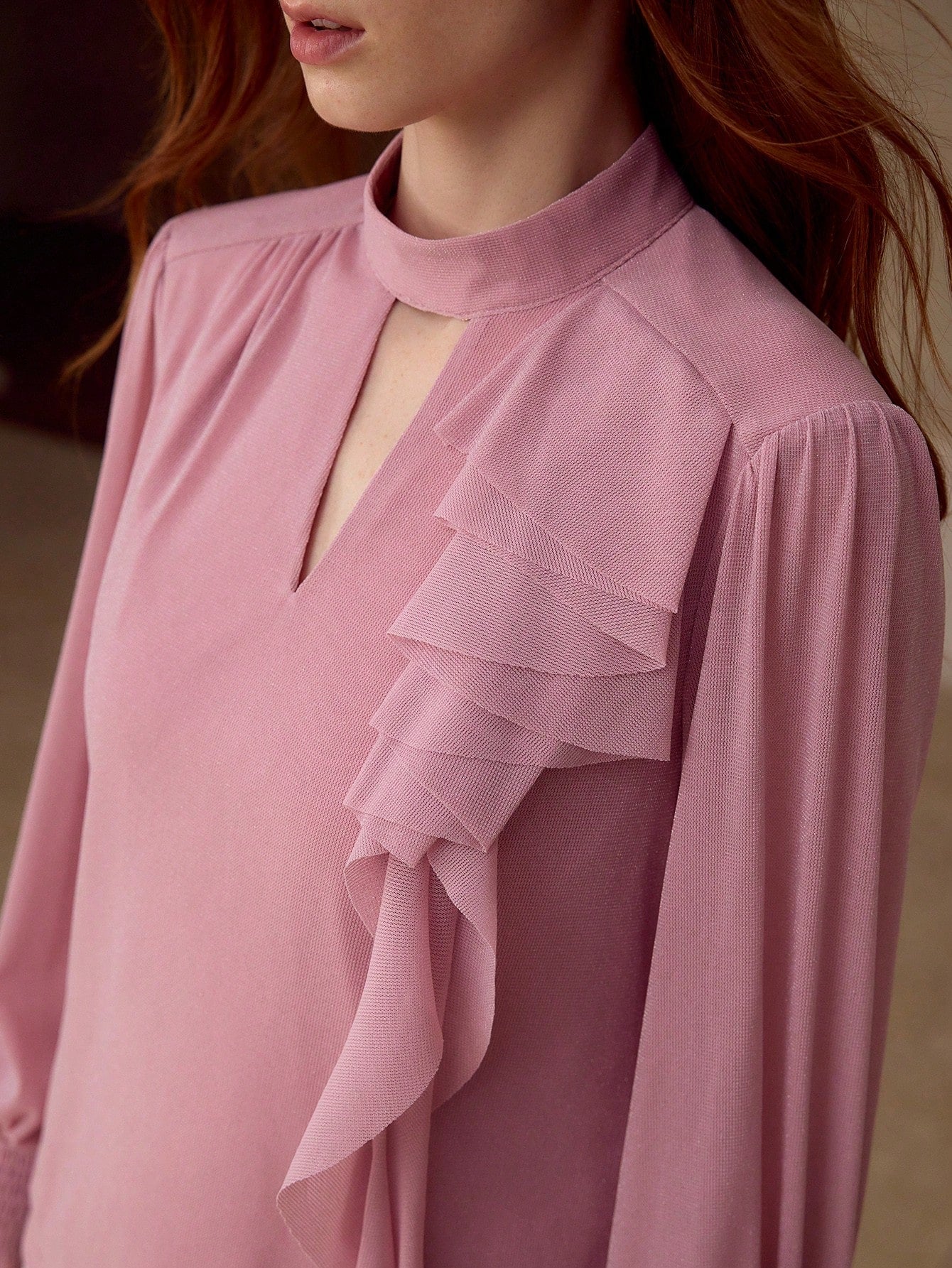 CM-TS851115 Women Elegant Seoul Style Keyhole Neckline Long Sleeve Blouse - Pink