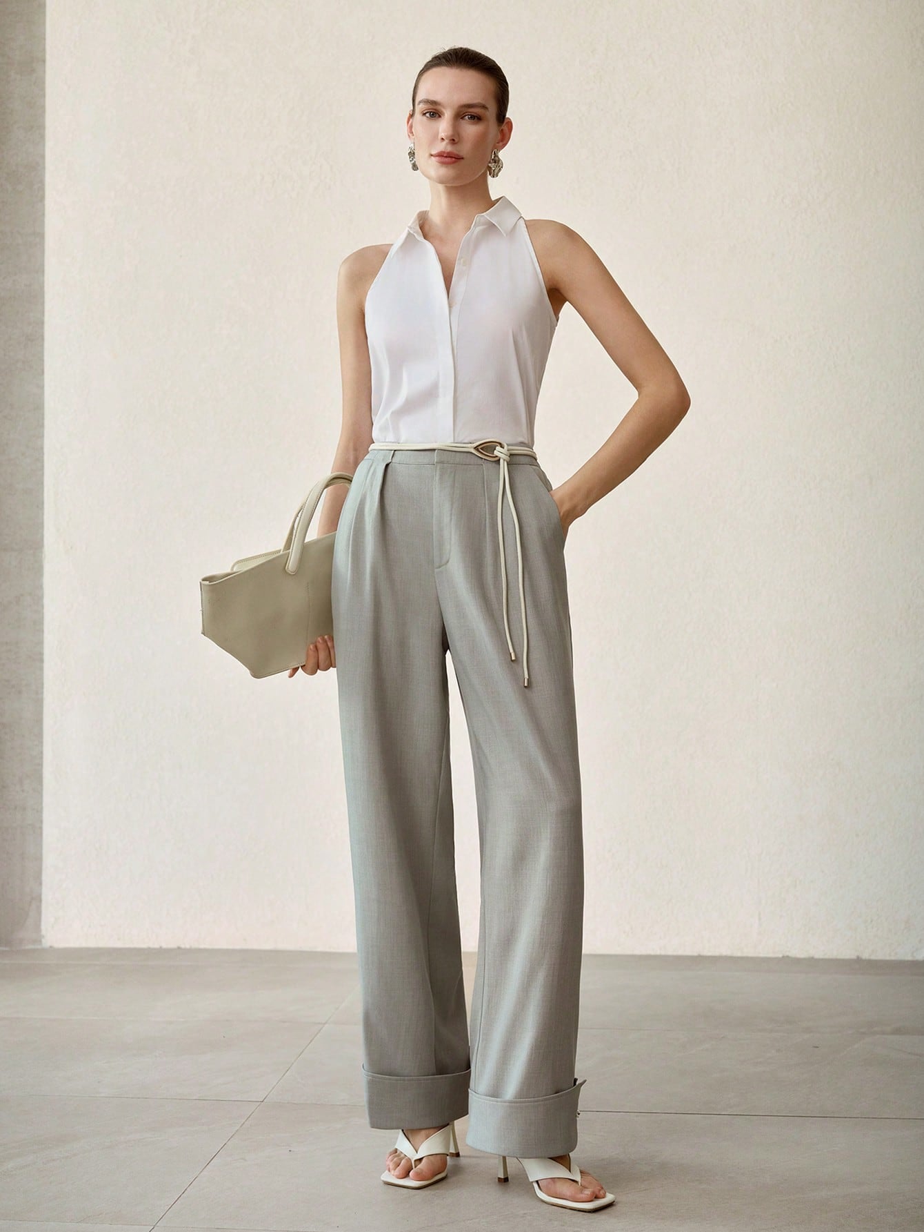 CM-BS508489 Women Elegant Seoul Style Mid Waist Rolled Hem Loose Straight Leg Pants - Green
