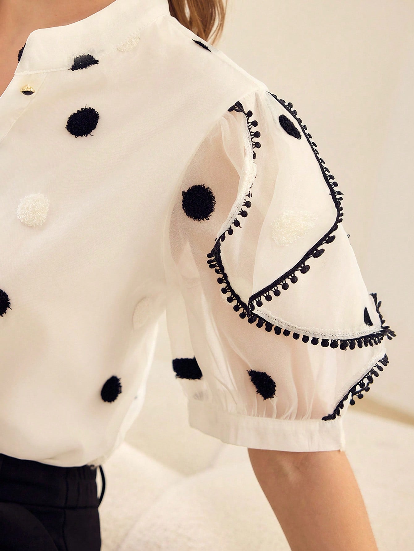 CM-TS378733 Women Elegant Seoul Style Mesh Swiss Dot Puff Sleeve Contrats Binding Ruffle Trim Shirt - White