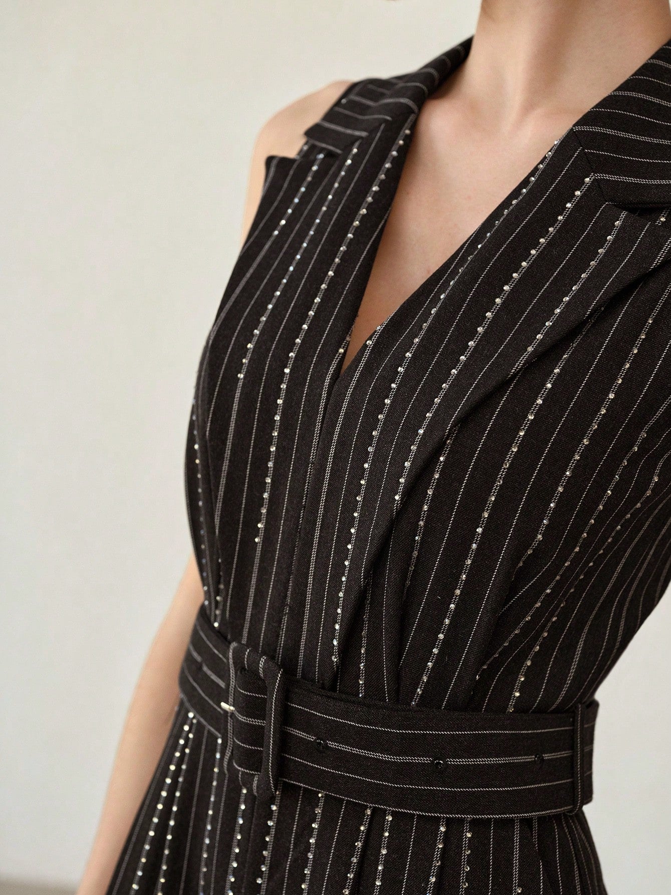 CM-JS414256 Women Elegant Seoul Style Striped Print Rhinestone Detail Buckle Belted Wide Leg Jumpsuit