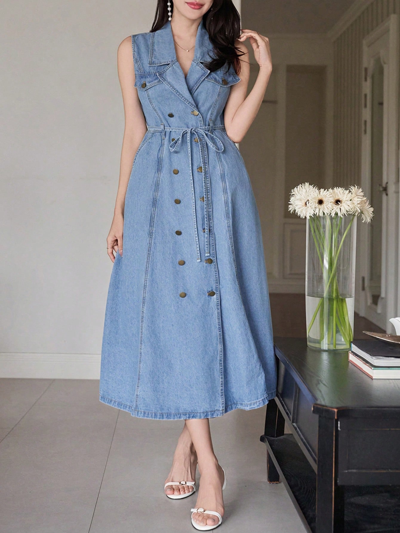 CM-DS252161 Women Casual Seoul Style Lapel Collar Sleeveless High Waist Denim Dress With Belt - Blue