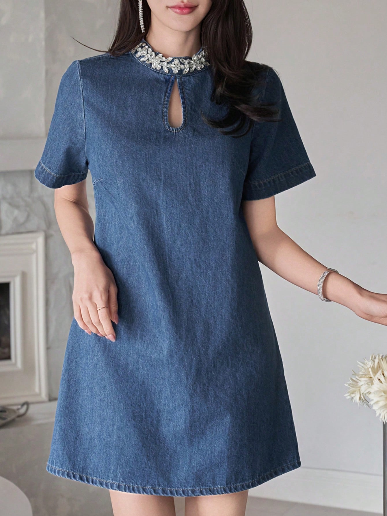 CM-DS196089 Women Casual Seoul Style Rivet Studded Stand Collar Straight Short Denim Dress - Blue