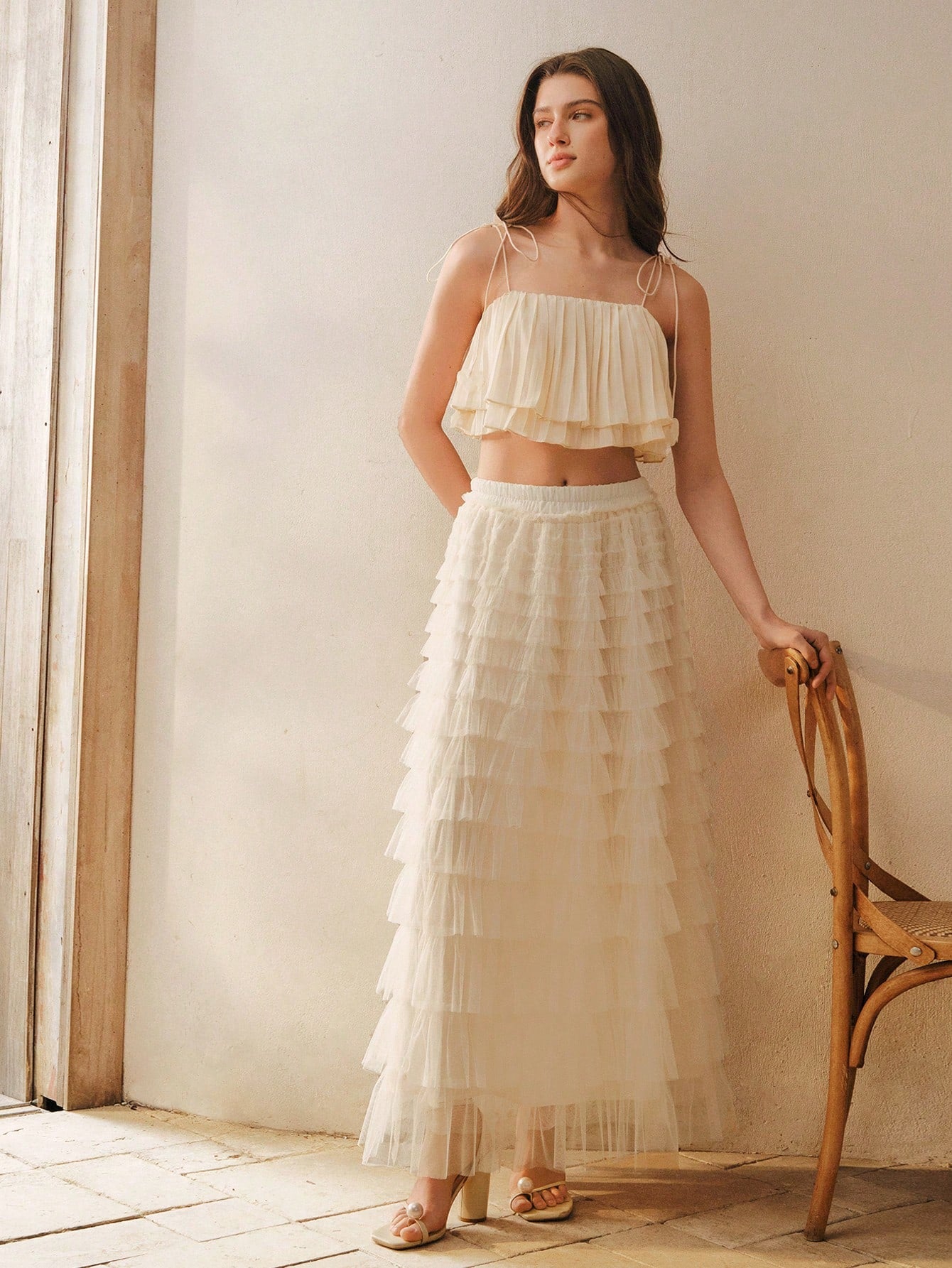 CM-BS744407 Women Elegant Seoul Style Mid Waist Tiered Layer Contrast Mesh Skirt - White