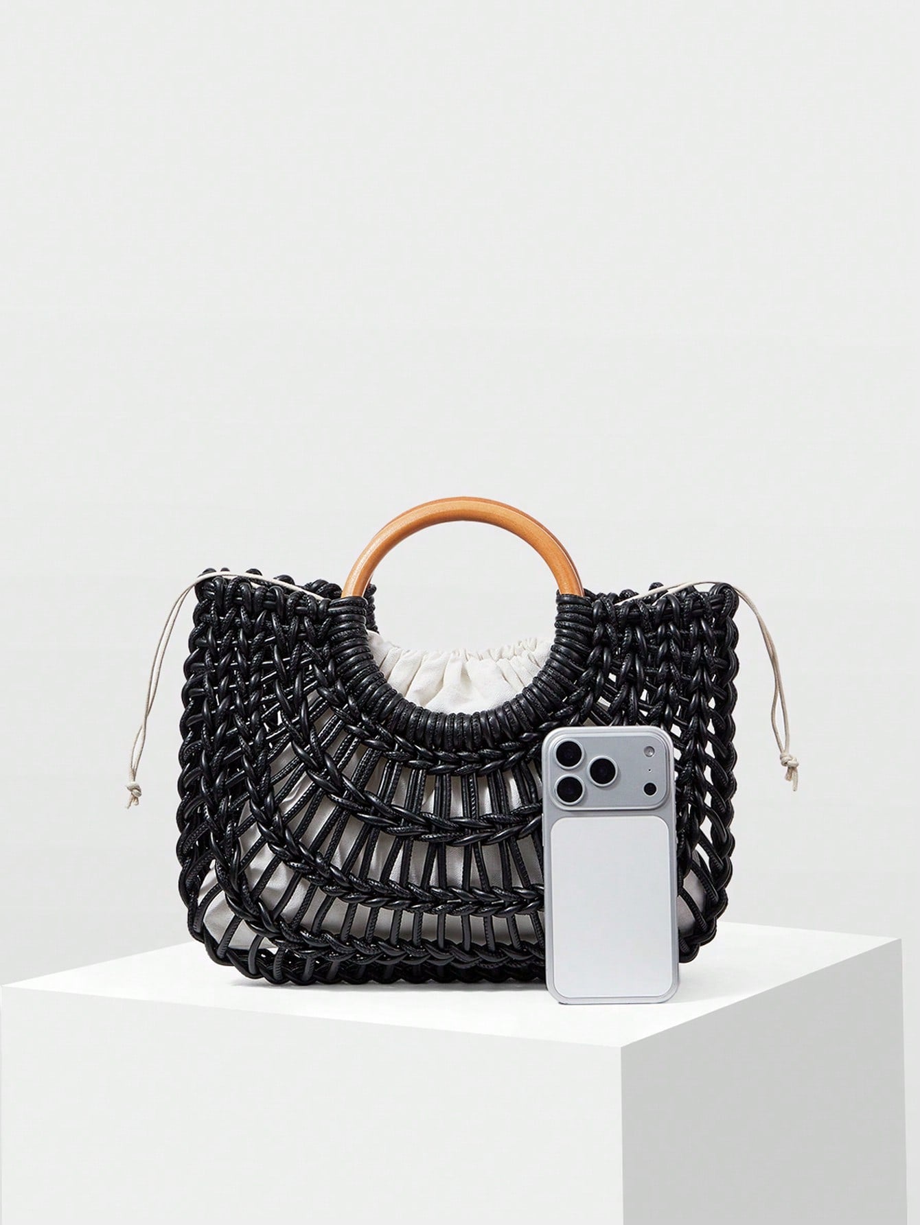 CM-BGS668080 Women Trendy Seoul Style Woven Ring Handle Tote Bag - Black