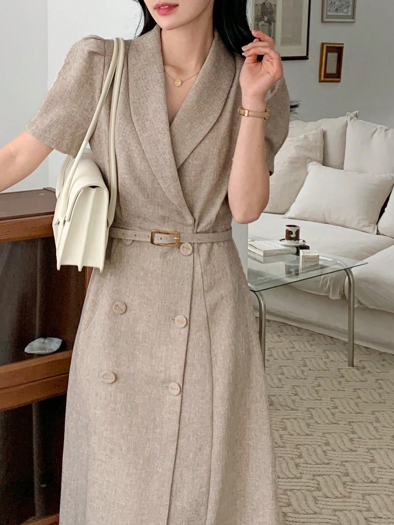CM-DS760867 Women Elegant Seoul Style V-Neck Short Sleeve High Waist Mid-Length Dress - Khaki