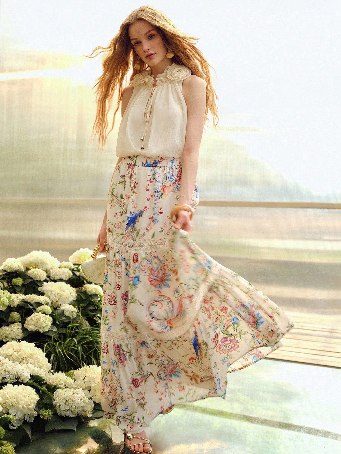 CM-TS821626 Women Trendy Bohemian Style 3D Floral V-Neck Sleeveless Drawstring Blouse - Beige