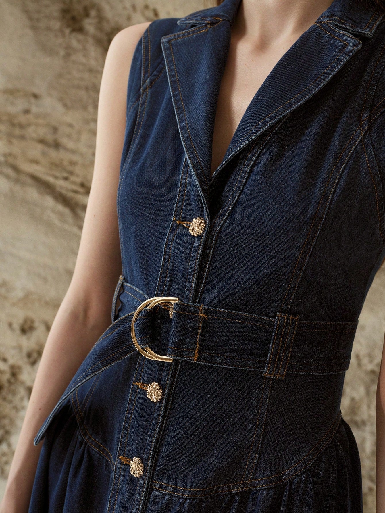 CM-DS554023 Women Elegant Seoul Style Lapel Neckline Sleeveless Buckle Belted Denim Dress - Blue