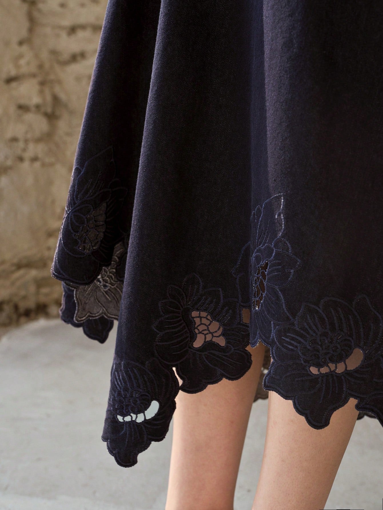 CM-DS041399 Women Elegant Seoul Style Asymmetric A-Line Hollow Out Embroidered Denim Dress - Navy Blue