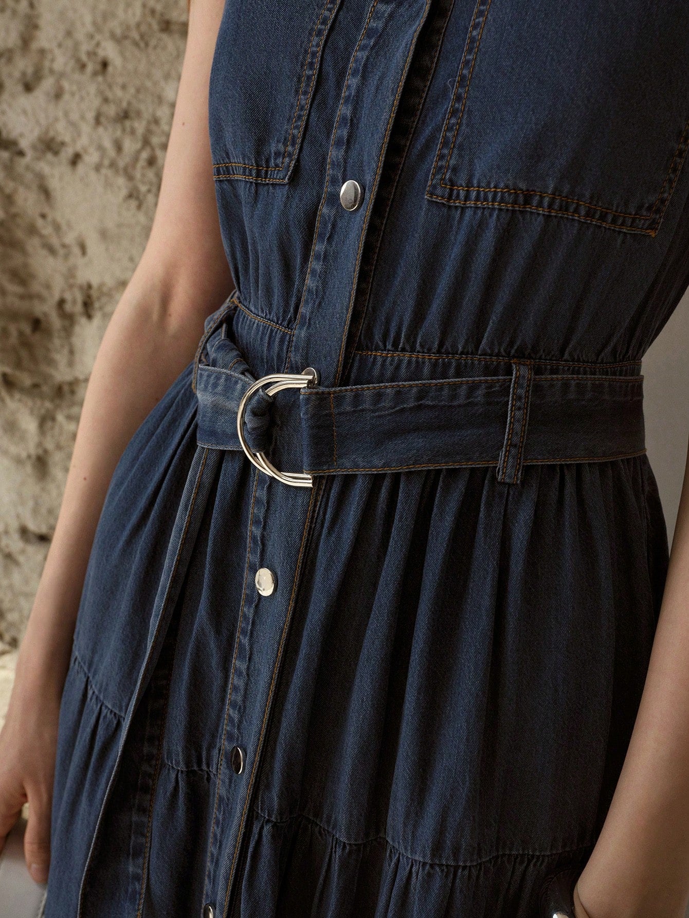 CM-DS768888 Women Elegant Seoul Style Medium Wash Collar Neckline Sleeveless Belted Denim Dress