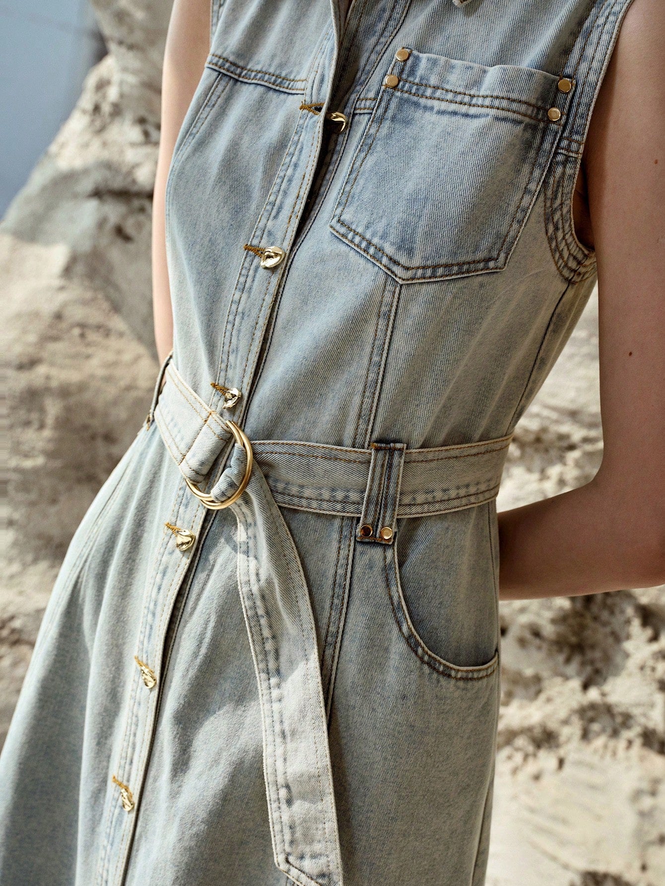 CM-DS453653 Women Elegant Seoul Style Collar Neckline Sleeveless Single-Breasted Belted Waist Denim Dress