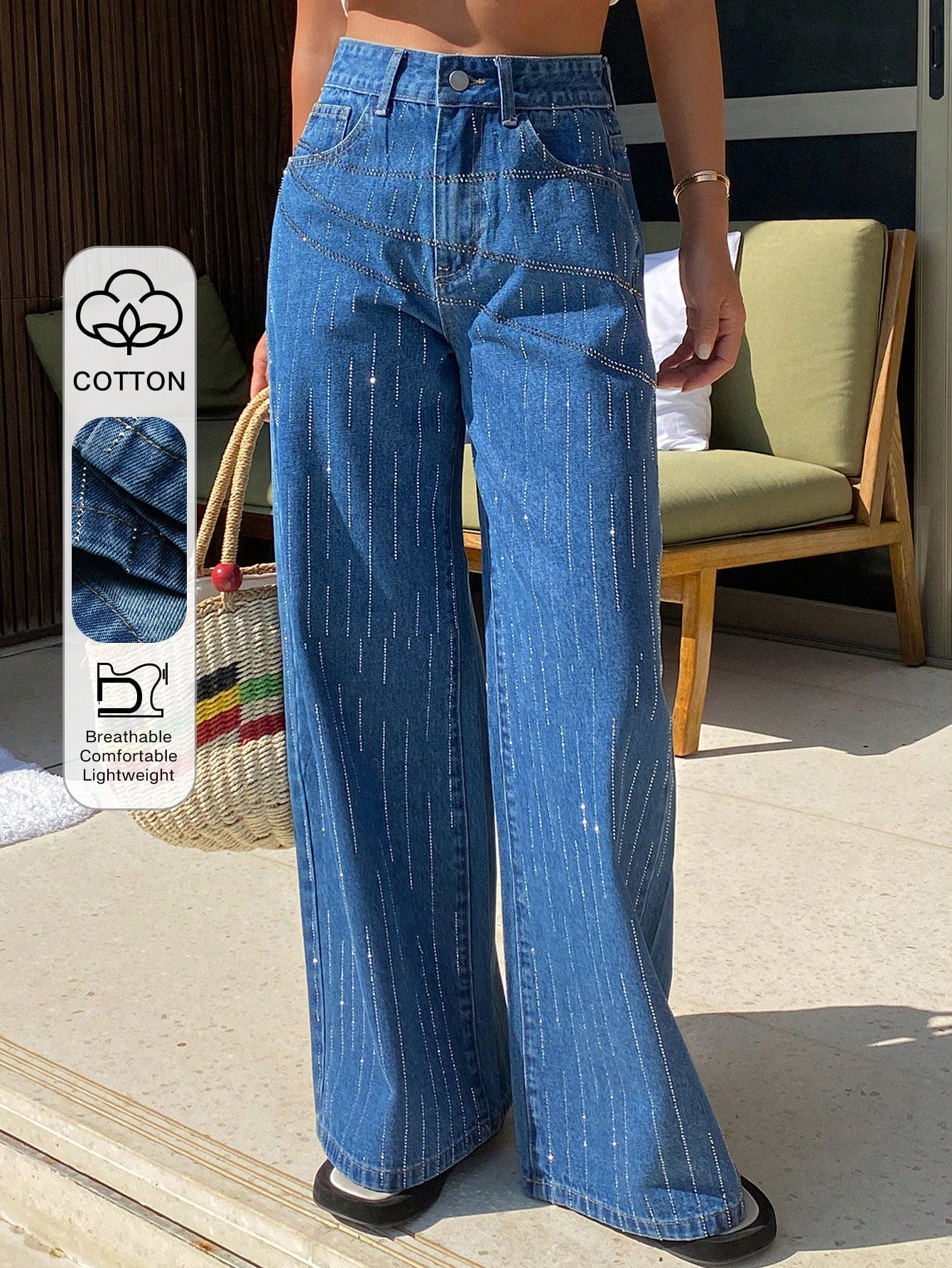 CM-BS164550 Women Casual Seoul Style Medium Wash Rhinestone Embellished Loose Straight Leg Jeans