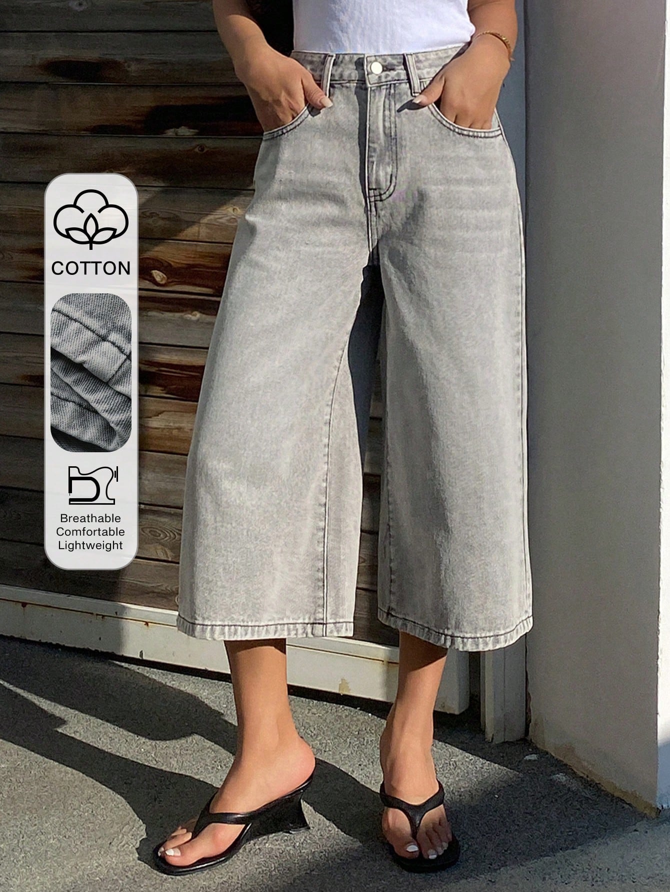 CM-BS440477 Women Casual Seoul Style Mid-Waist Capri Loose Jeans Jorts - Gray