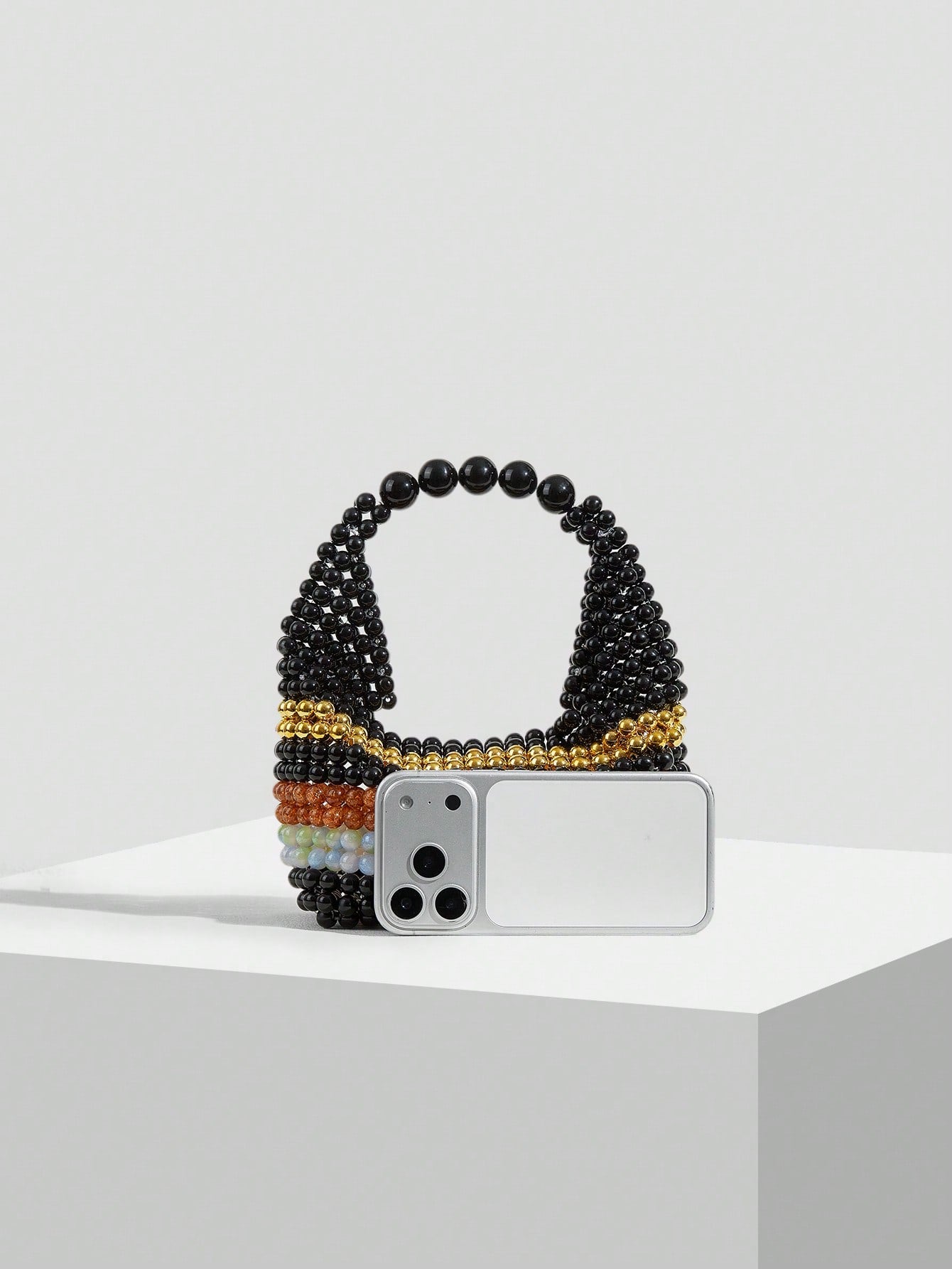 CM-BGS432862 Women Trendy Seoul Style Handmade Beaded Colorblock Striped Tote Bag