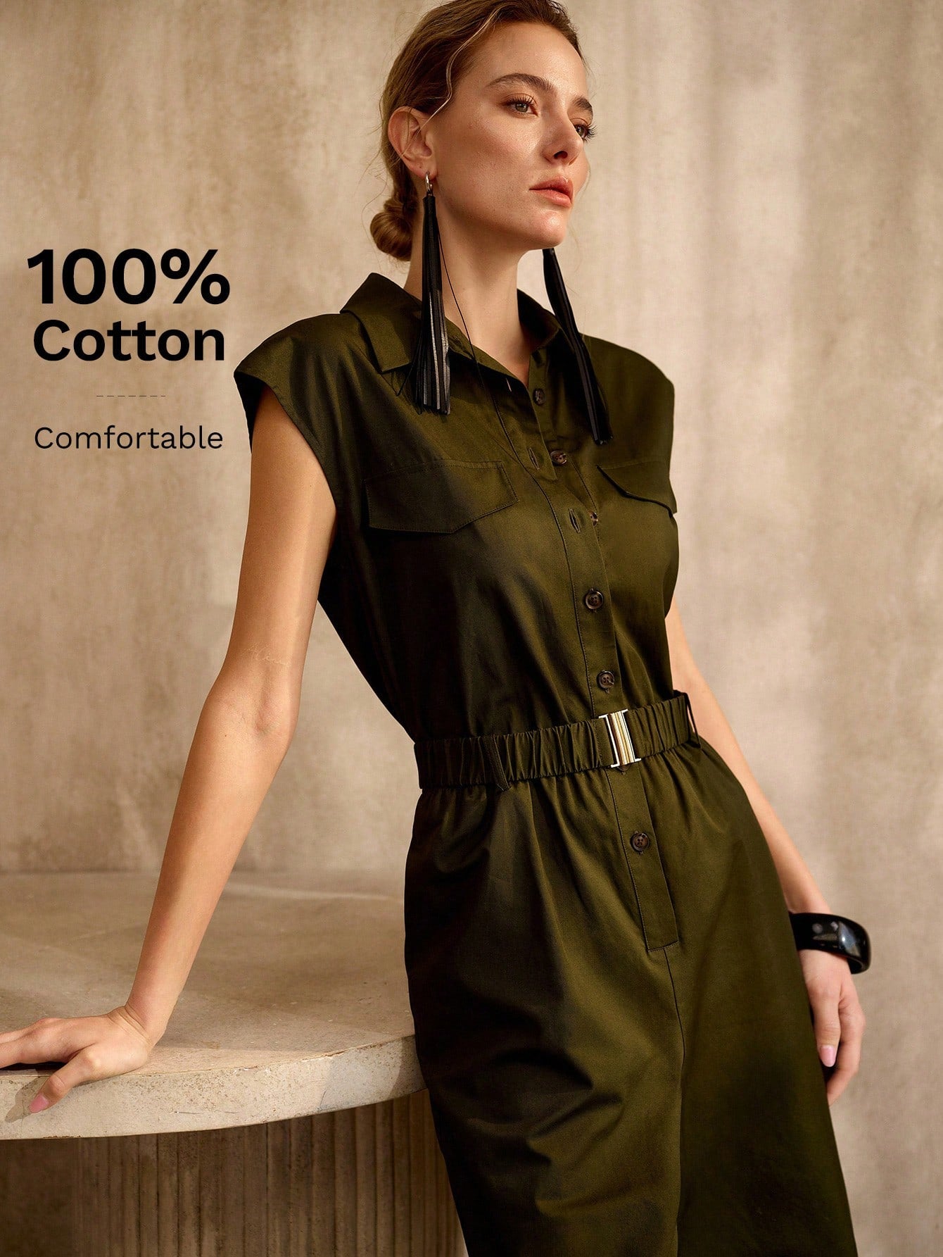 CM-JS847976 Women Elegant Seoul Style Collar Neckline Batwing Sleeve High Waist Belted Jumpsuit - Army Green