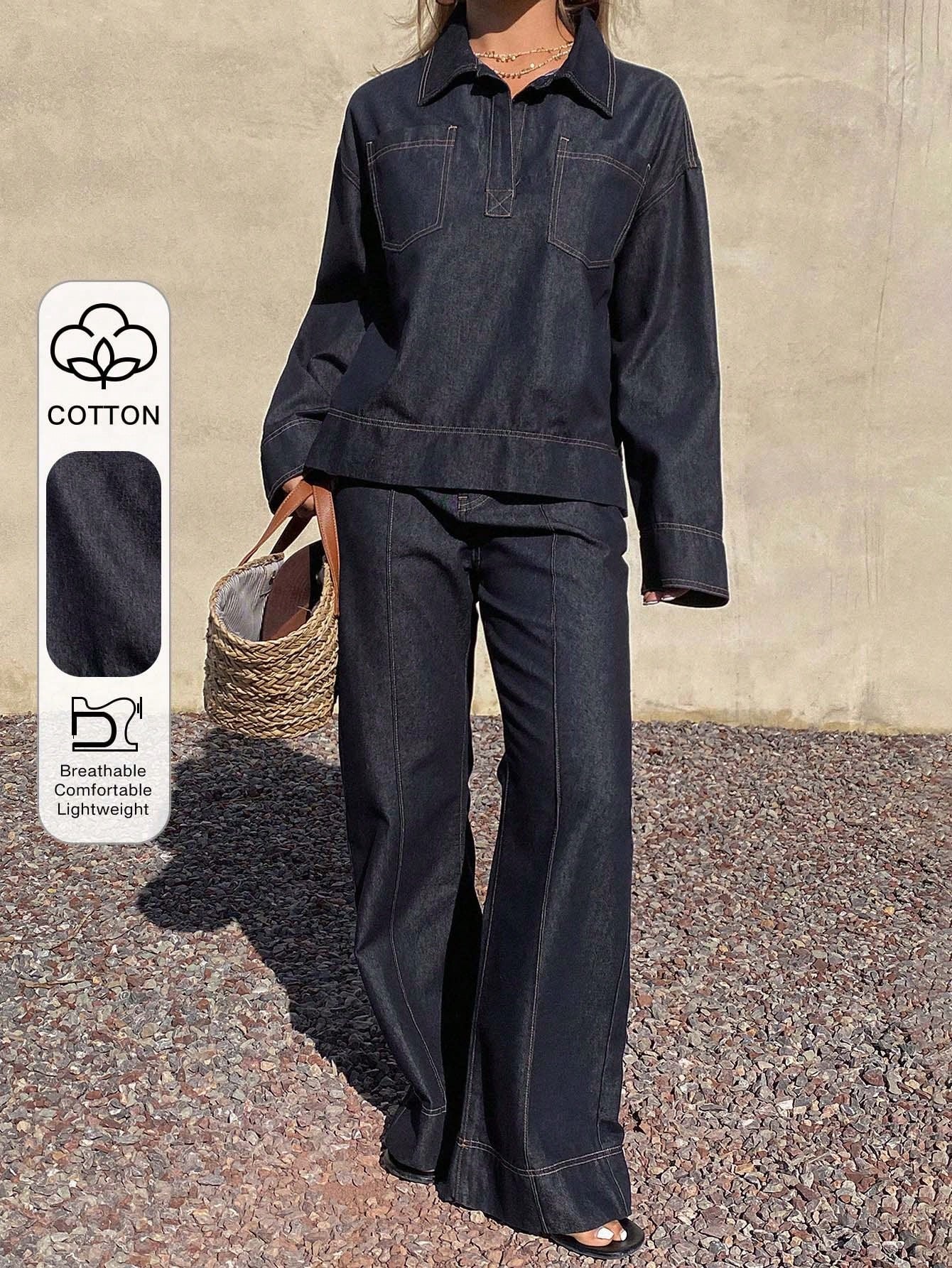 CM-SS716508 Women Casual Seoul Style Collar Neckline Long Sleeve Oversized Denim Shirt With Pants - Set
