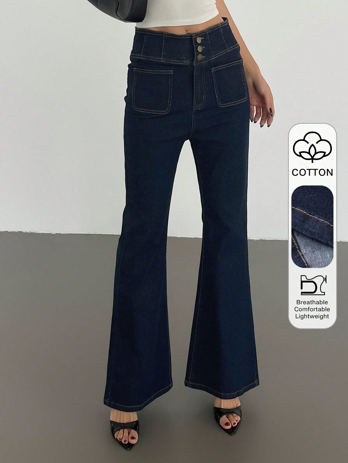 CM-BS769709 Women Casual Seoul Style Solid Color Waist Cinched Skinny Flare Leg Jeans - Blue
