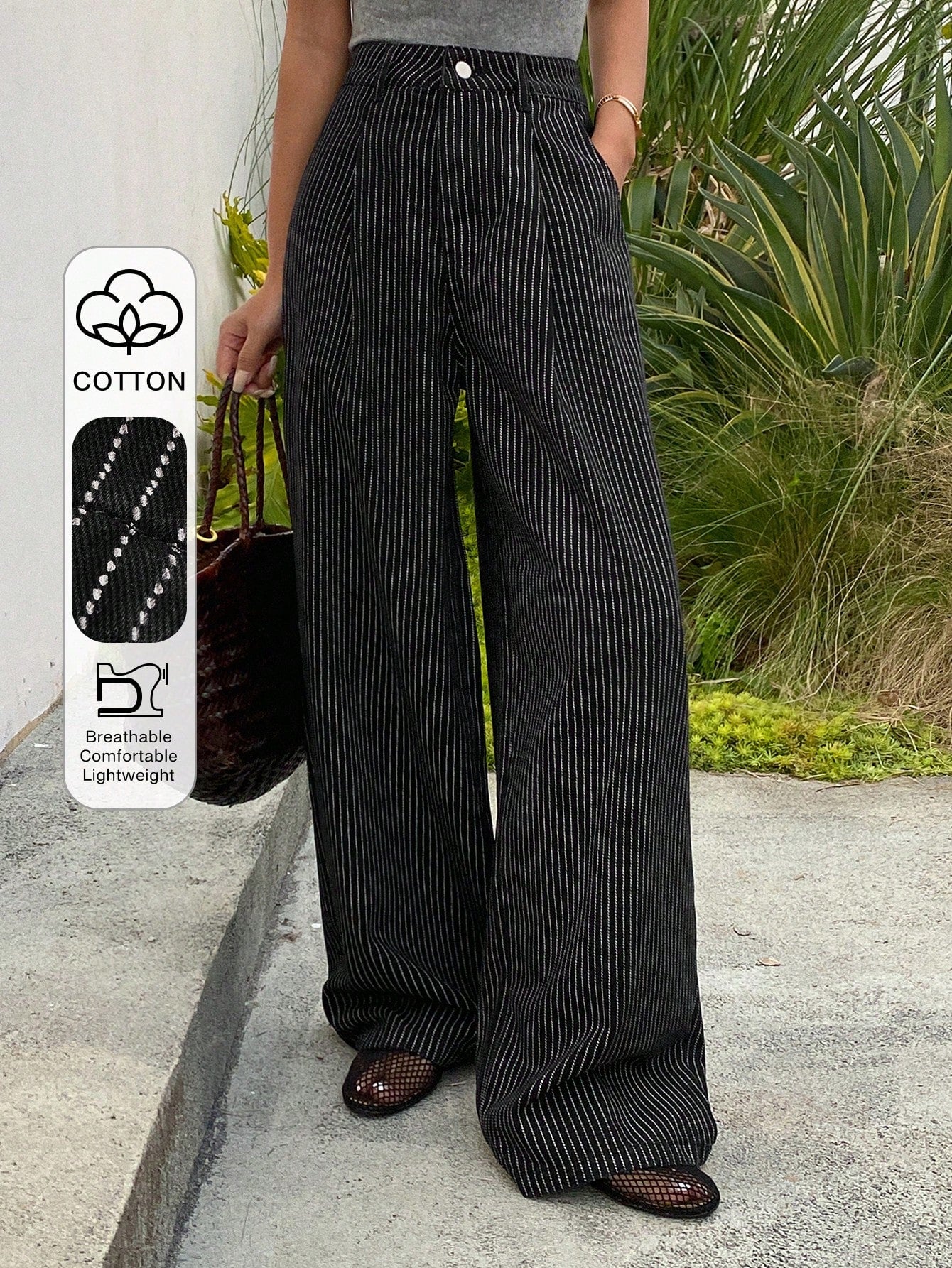 CM-BS169799 Women Casual Seoul Style Low Waist Striped Baggy Loose Jeans - Black