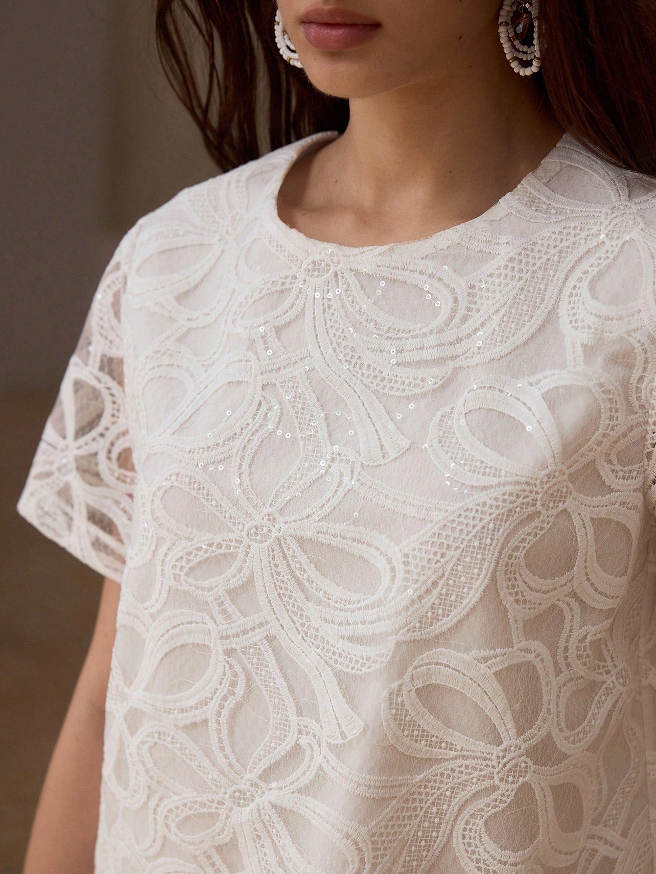 CM-TS956259 Women Elegant Seoul Style Round Neck Short Sleeve Bow Hollow Embroidered Sequin Blouse - White