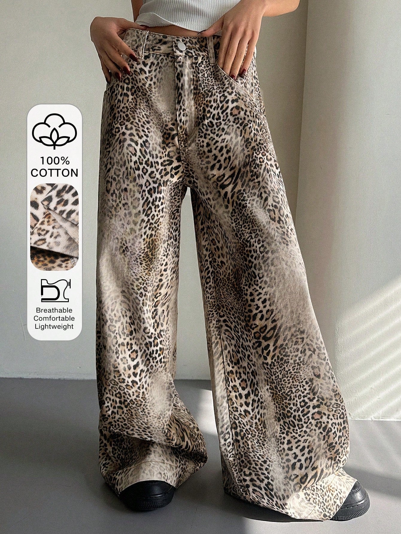 CM-BS449237 Women Casual Seoul Style Mid Waist Leopard Print Floral Wide Leg Jeans - Brown