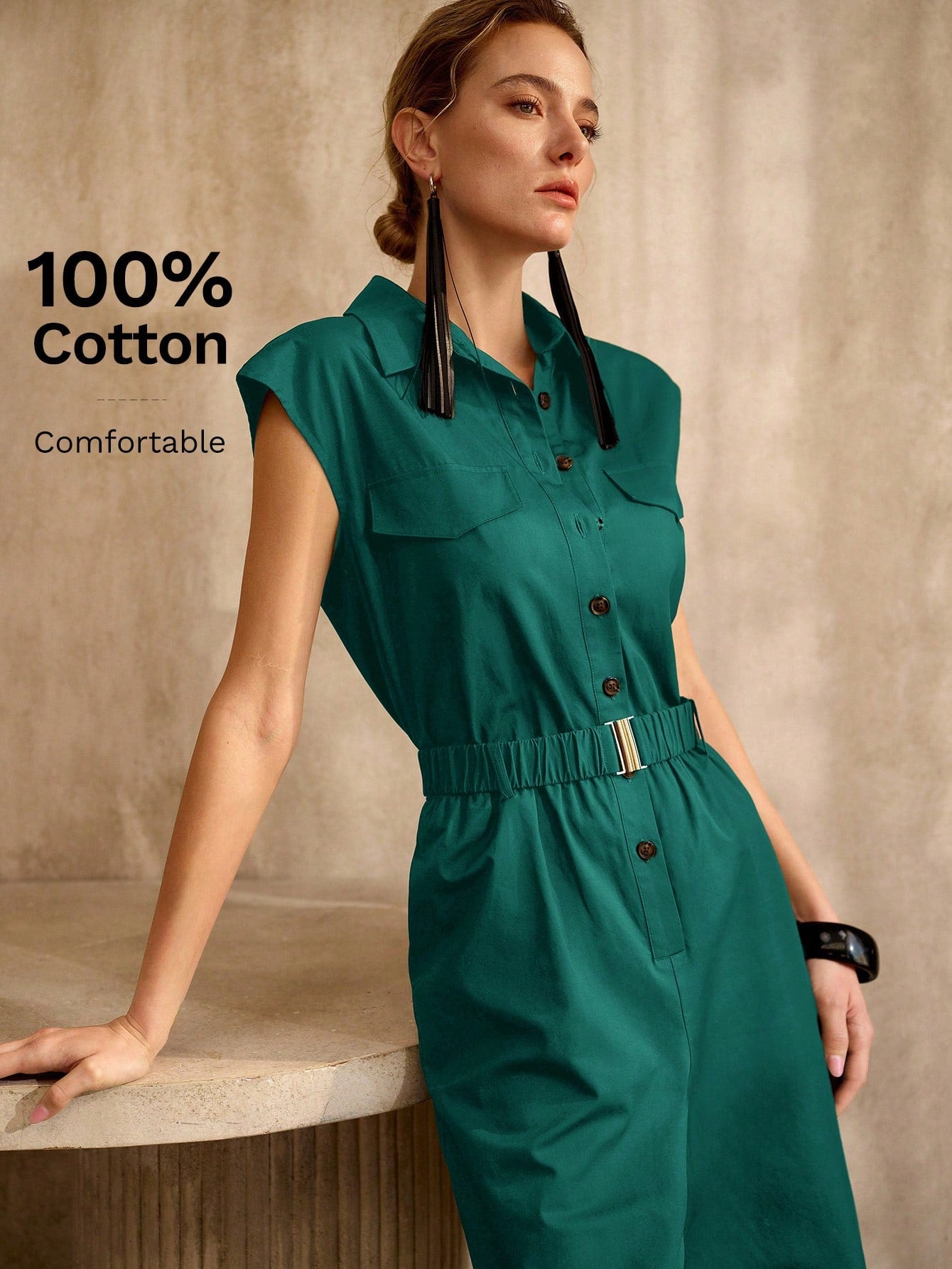CM-JS861729 Women Elegant Seoul Style Collar Neckline Batwing Sleeve High Waist Belted Jumpsuit - Teal Blue