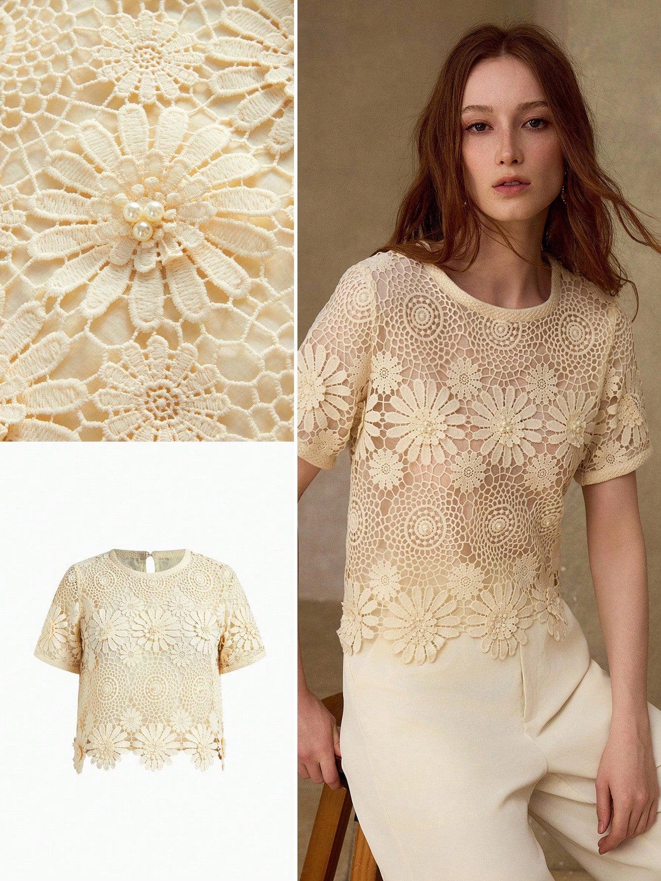 CM-TS364195 Women Elegant Seoul Style Round Neck Short Sleeve Guipure Lace Sheer Top - Apricot