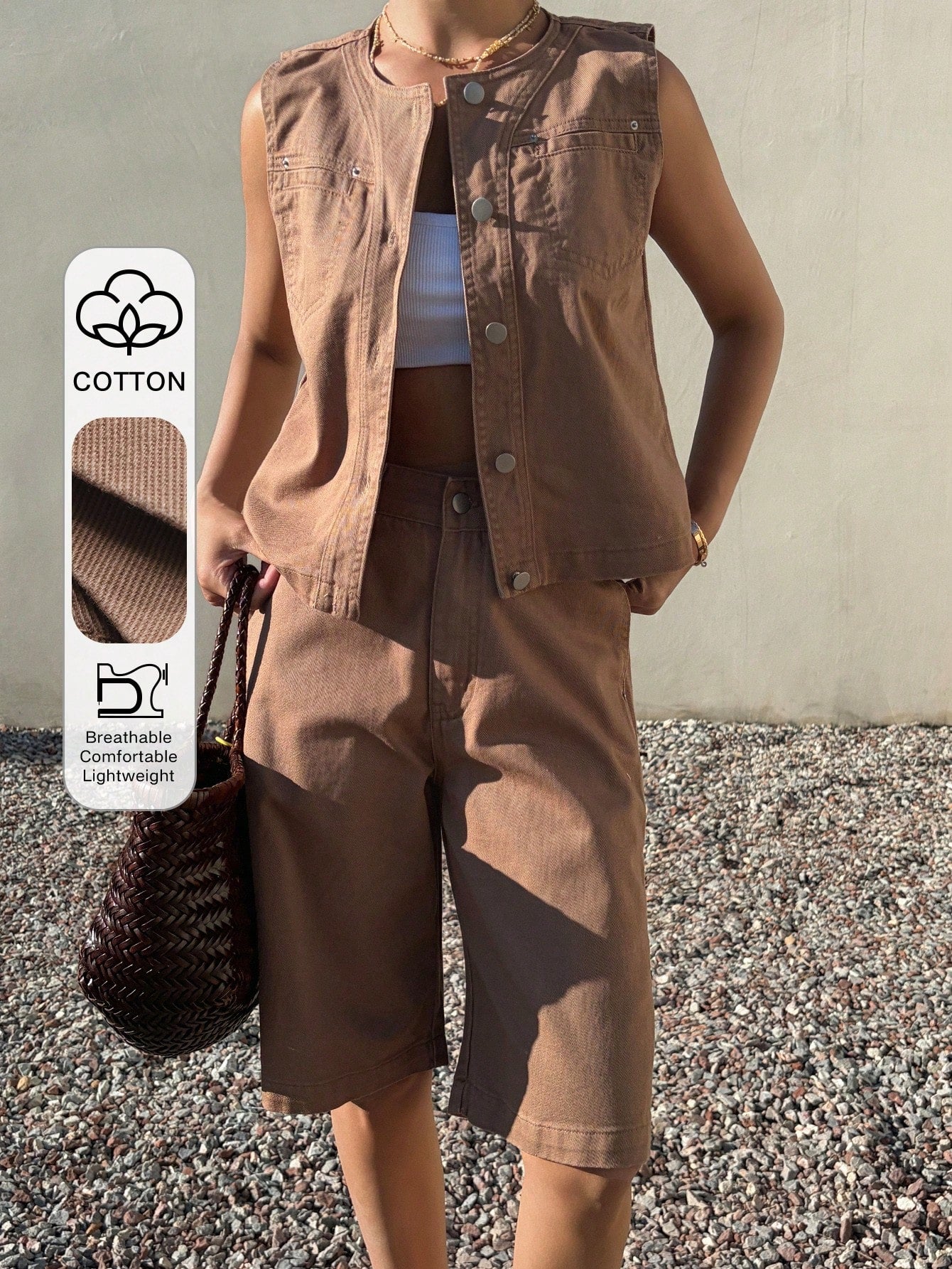 CM-SS106271 Women Casual Seoul Style Round Neck Sleeveless Denim Top With Bermuda Shorts - Set