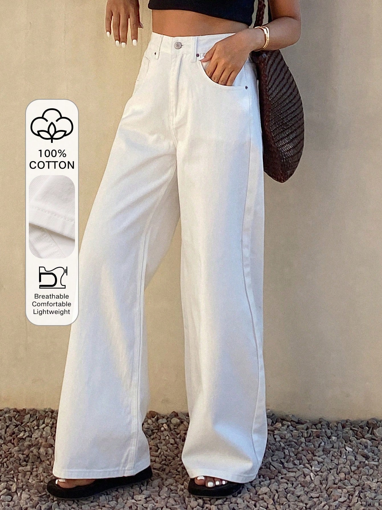 CM-BS483449 Women Casual Seoul Style Mid Waist Pocket Baggy Wide Leg Jeans - White