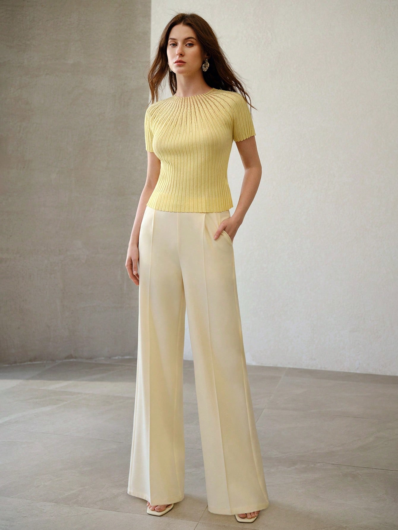 CM-BS062714 Women Elegant Seoul Style Minimalist Mid Waist Wide Leg Pants - Apricot