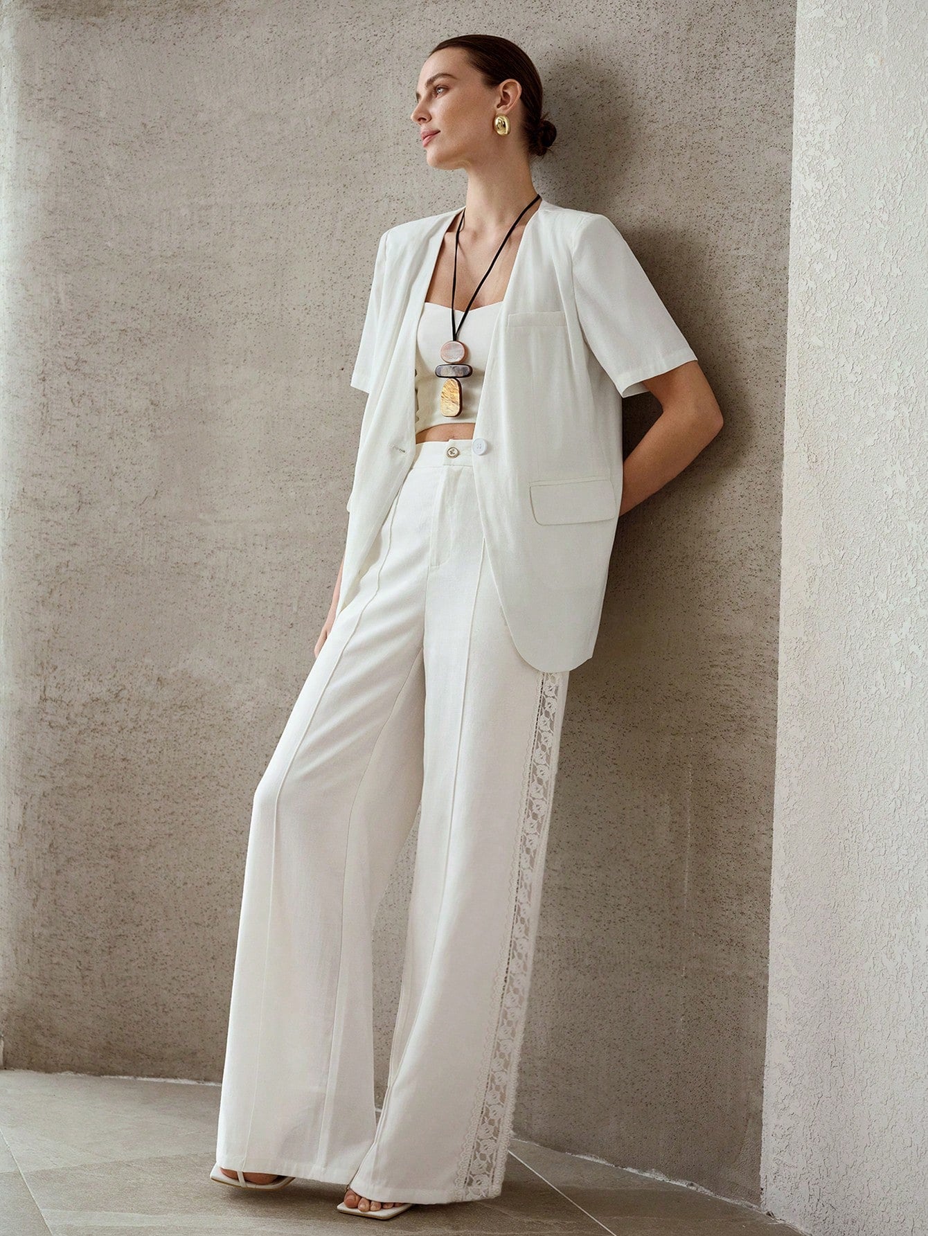 CM-BS064100 Women Elegant Seoul Style High Waist Lace Hollow Wide Leg Pants - White