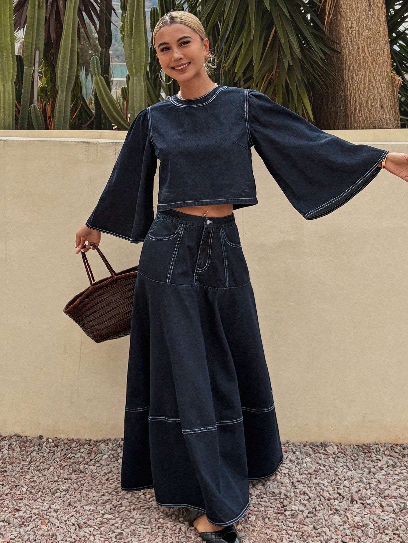 CM-SS224013 Women Casual Seoul Style Round Neck Long Sleeve Pullover Denim Shirt With Maxi Skirt - Set