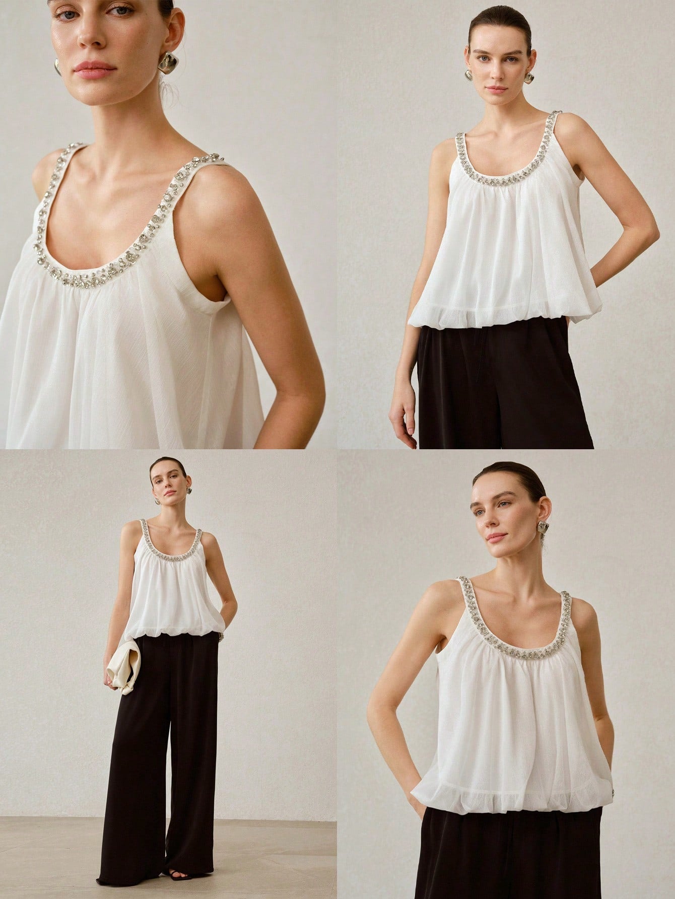 CM-TS734623 Women Elegant Seoul Style Scoop Neck Sleeveless Rhinestone Camisole Top - White