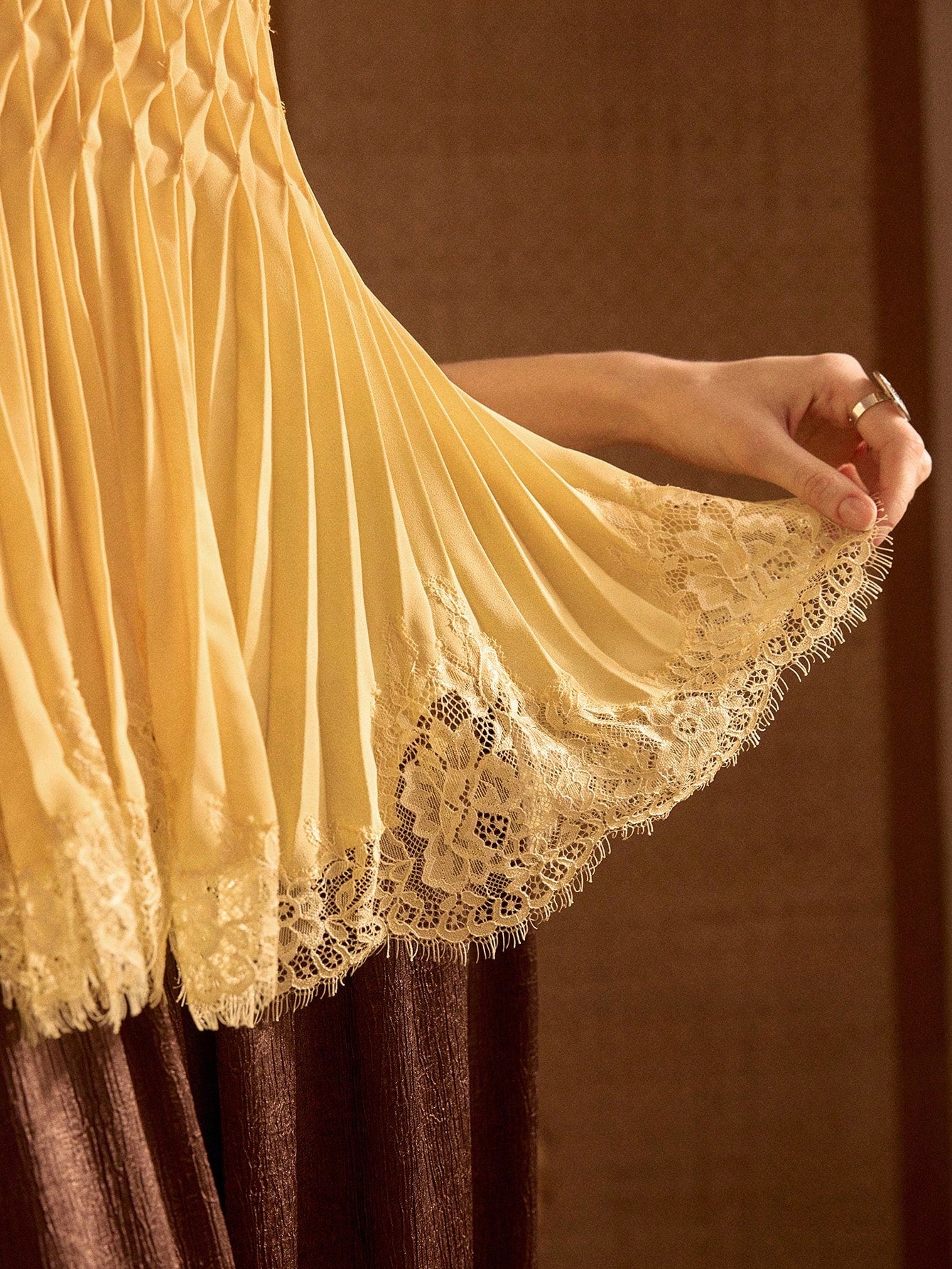CM-TS458083 Women Trendy Bohemian Style Chiffon Pleated Lace Camisole Top - Yellow