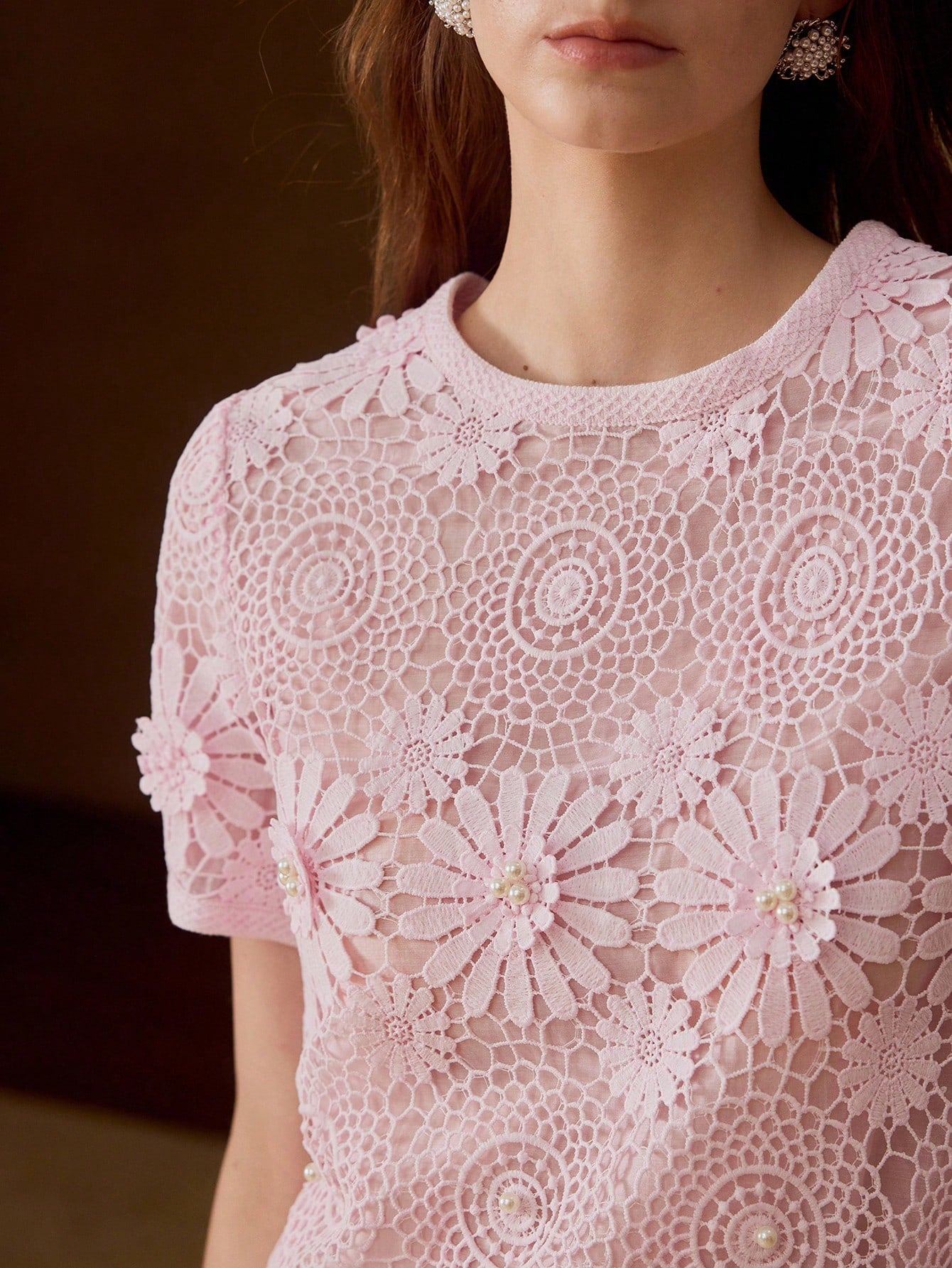 CM-TS227680 Women Elegant Seoul Style Round Neck Short Sleeve Guipure Lace Sheer Top - Pink