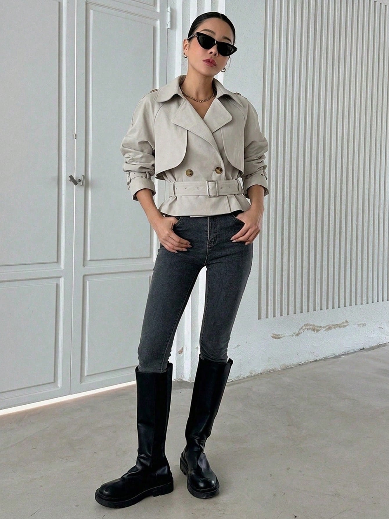 CM-CS164700 Women Elegant Seoul Style Lapel Neckline Long Sleeve Double Breasted Belted Trench Coat - Light Gray
